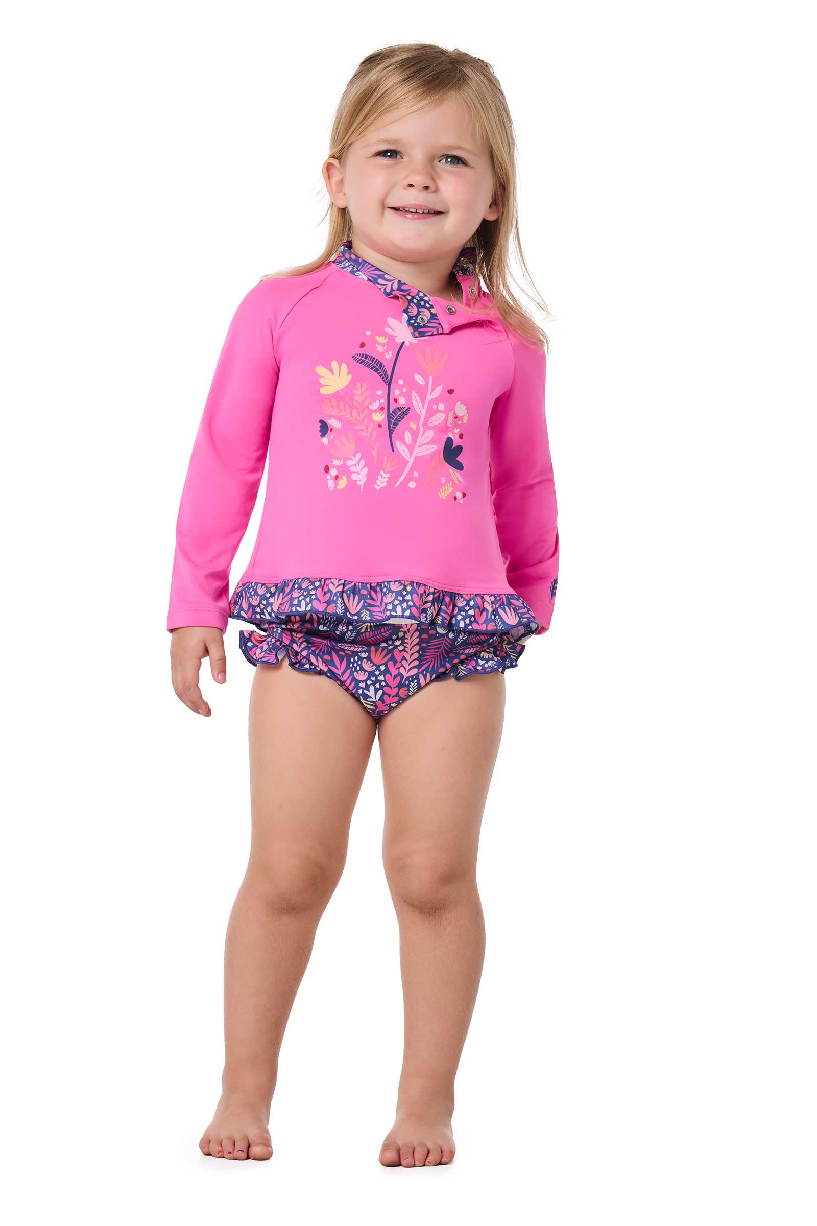 Baby Guppy Ruffle Rash Guard Set | Tulip Pink Graphic- Blooming Forest - Image 2