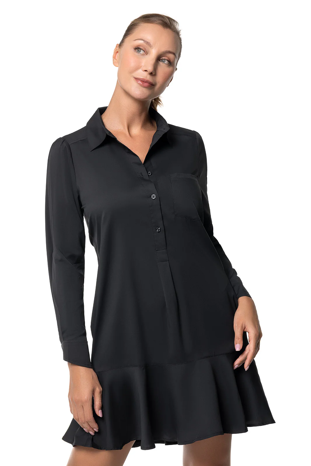 Women's Castaneda Flared Shirt Dress with Long Sleeves | Black - Image 2