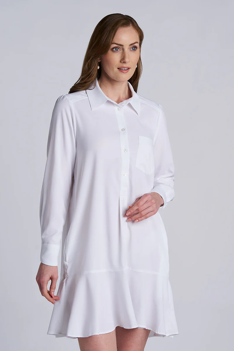 Women's Castaneda Flared Shirt Dress with Long Sleeves | White - Image 3