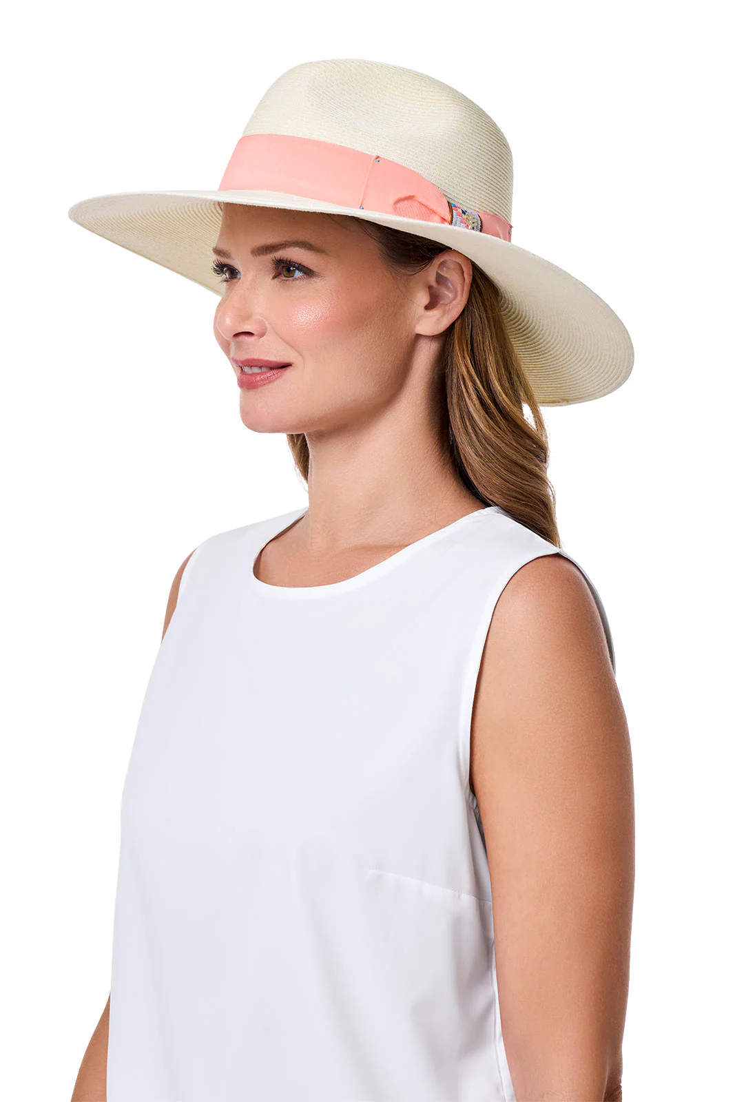 Christy Large Brim Fedora With Fancy Bow | Ivory/Flamingo Pink - Image 4