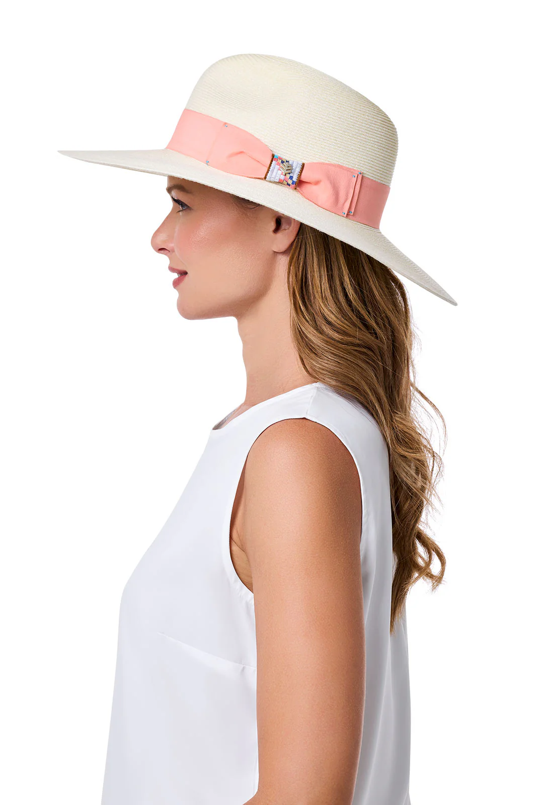 Christy Large Brim Fedora With Fancy Bow | Ivory/Flamingo Pink - Image 5