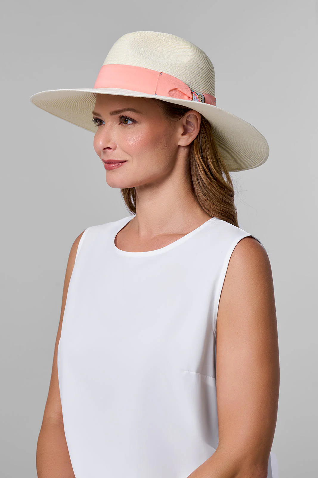 Christy Large Brim Fedora With Fancy Bow | Ivory/Flamingo Pink - Image 9