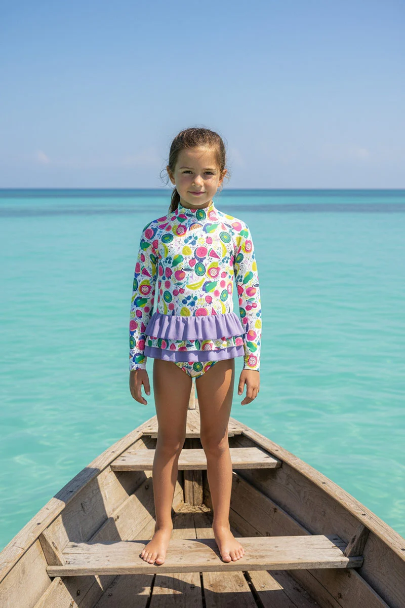 Girl's Kailani Long Sleeve Ruffled Swimsuit | Lavendula Colorblock