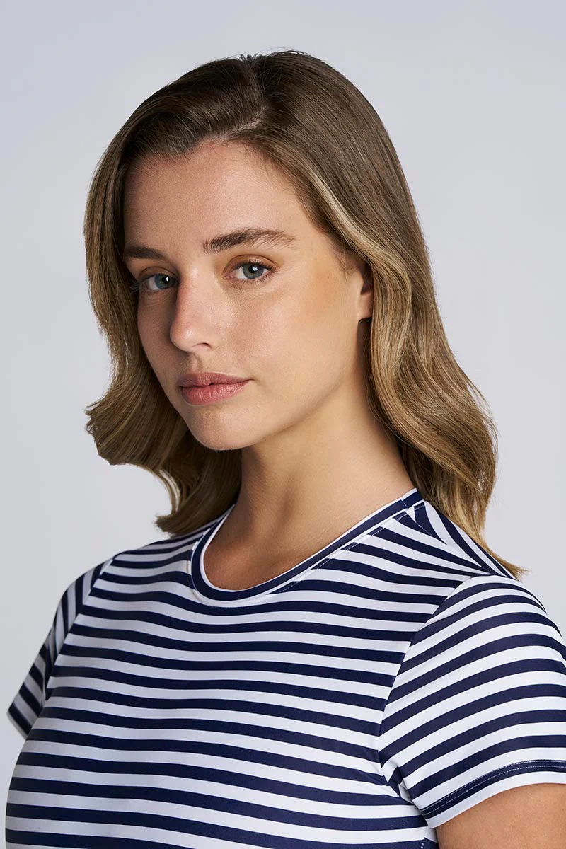 Hibiscus Island Crop Swim Crop Top | White/Navy Stripe - Image 7