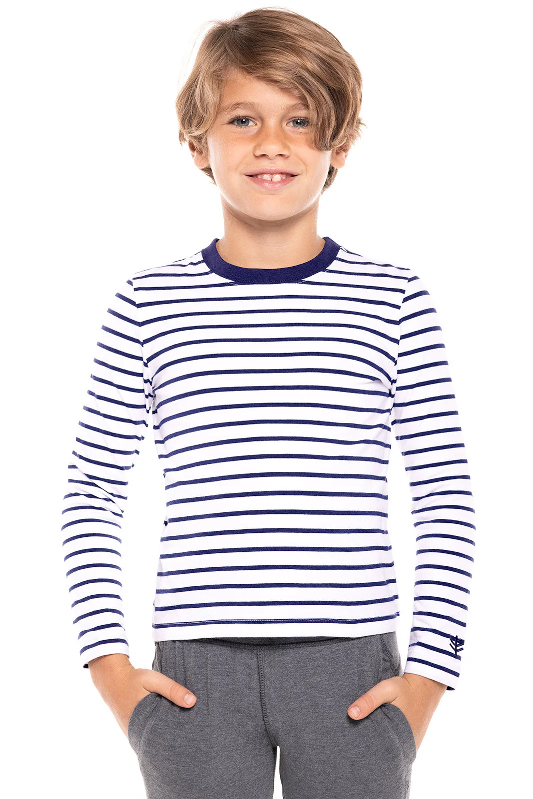 Kid's Coco Plum Everyday Long Sleeve T-Shirt | White/Navy Stripe - Image 5