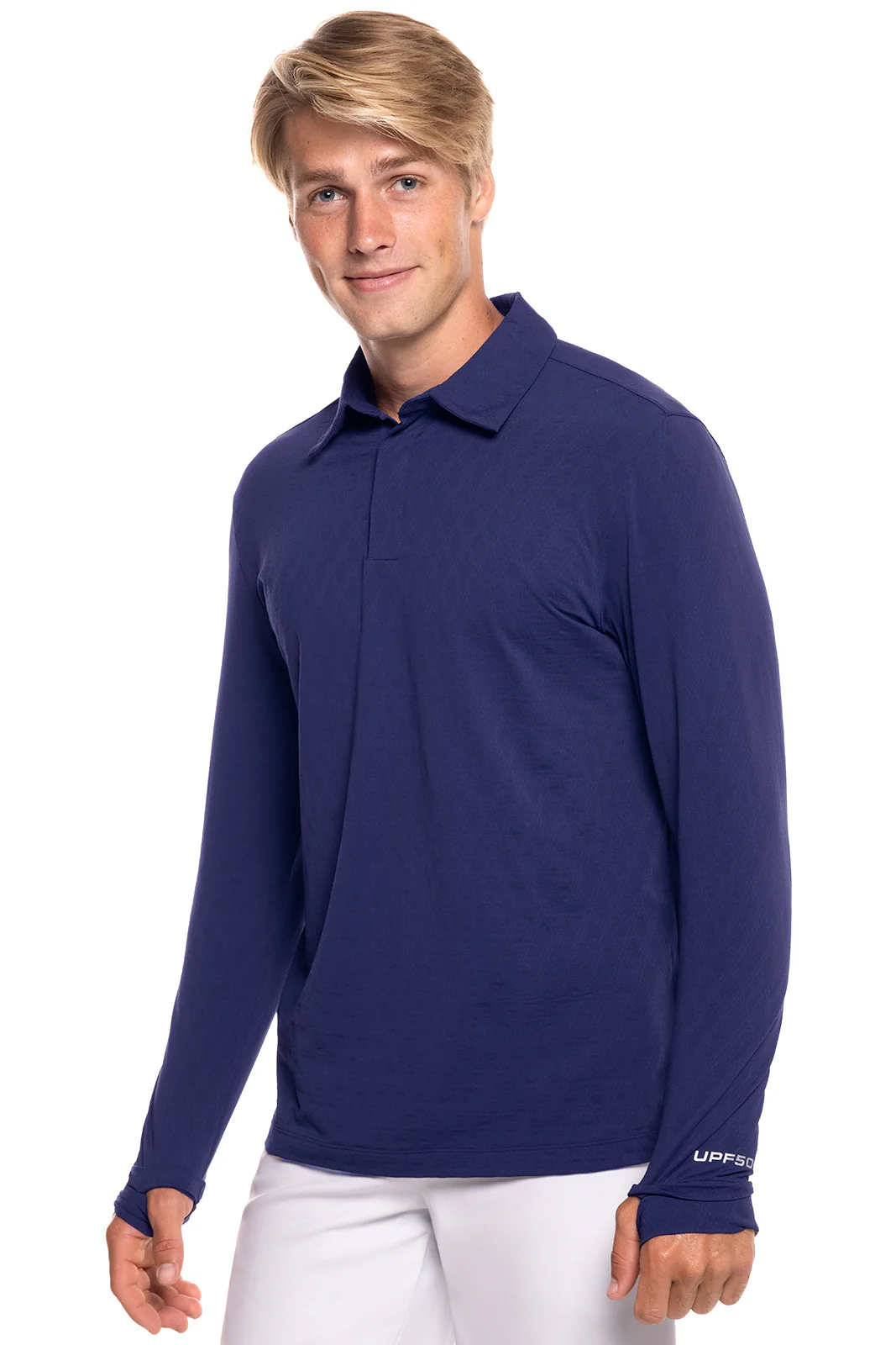 Men's Arobello Long Sleeve Golf Polo | Navy Diamond Jacquard - Image 3