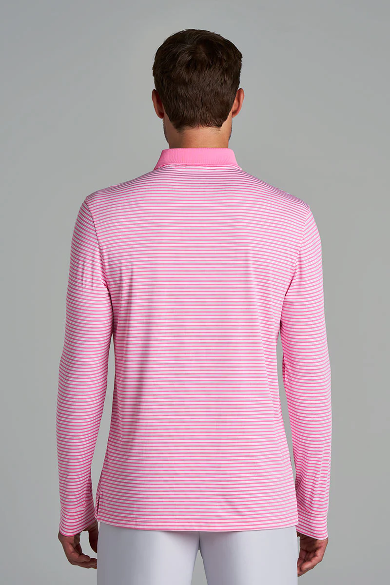 Men's Erodym Long Sleeve Sports Polo | Flamingo Pink/White Stripe - Image 2