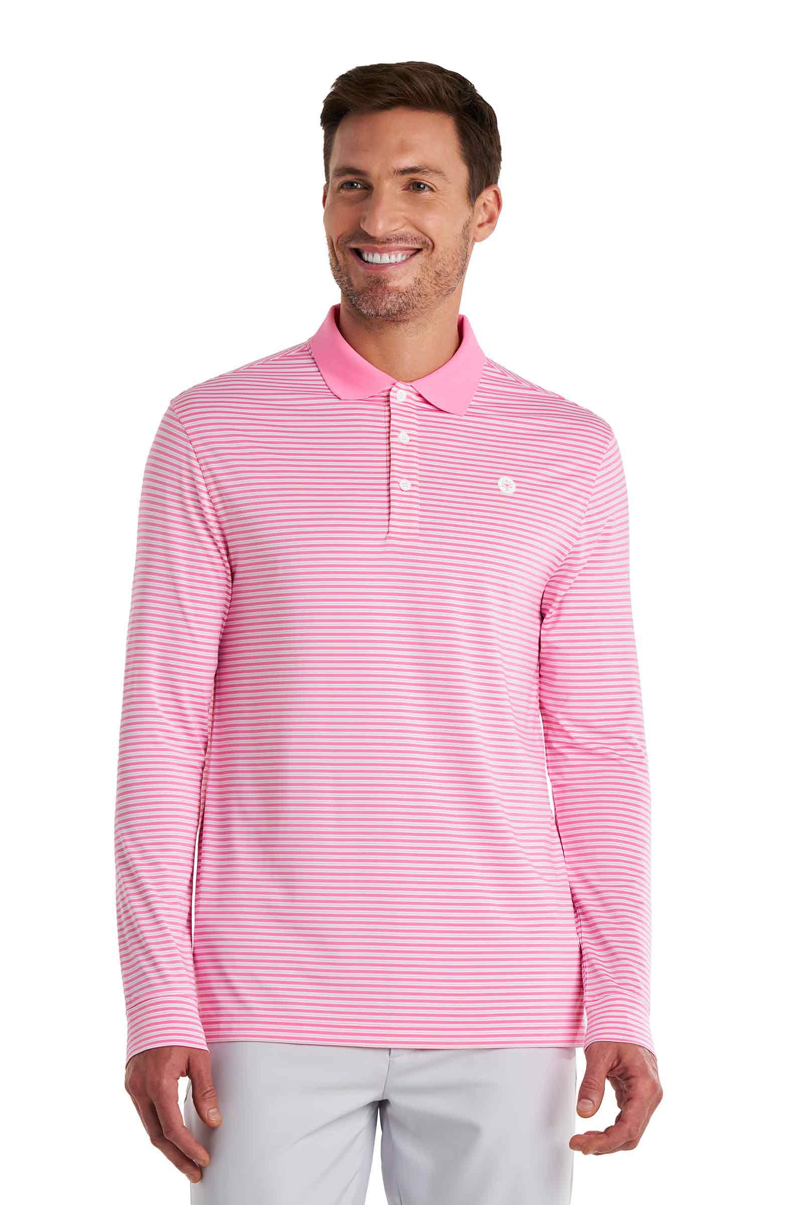 Men's Erodym Long Sleeve Sports Polo | Flamingo Pink/White Stripe - Image 3