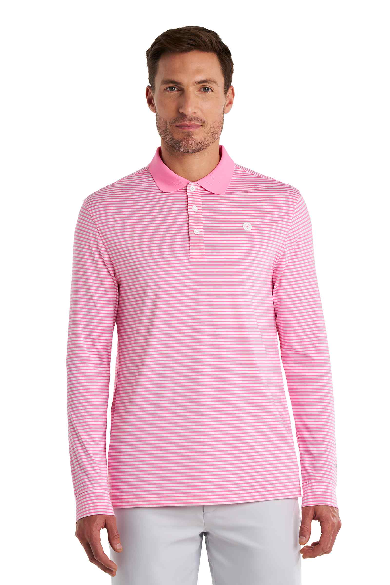 Men's Erodym Long Sleeve Sports Polo | Flamingo Pink/White Stripe - Image 4