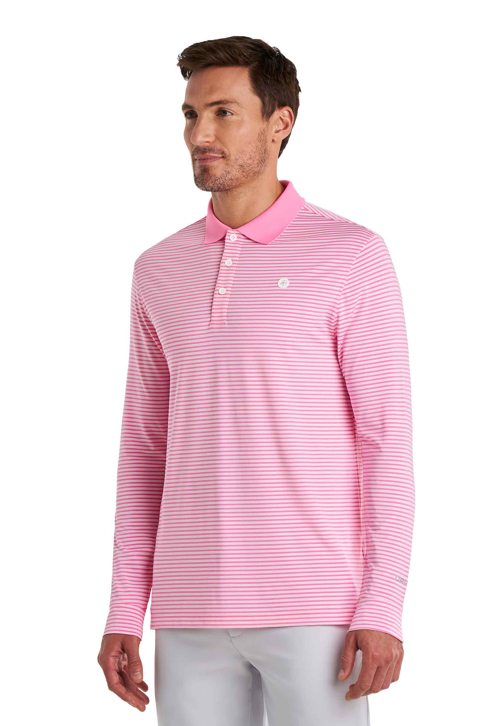 Men's Erodym Long Sleeve Sports Polo | Flamingo Pink/White Stripe - Image 5