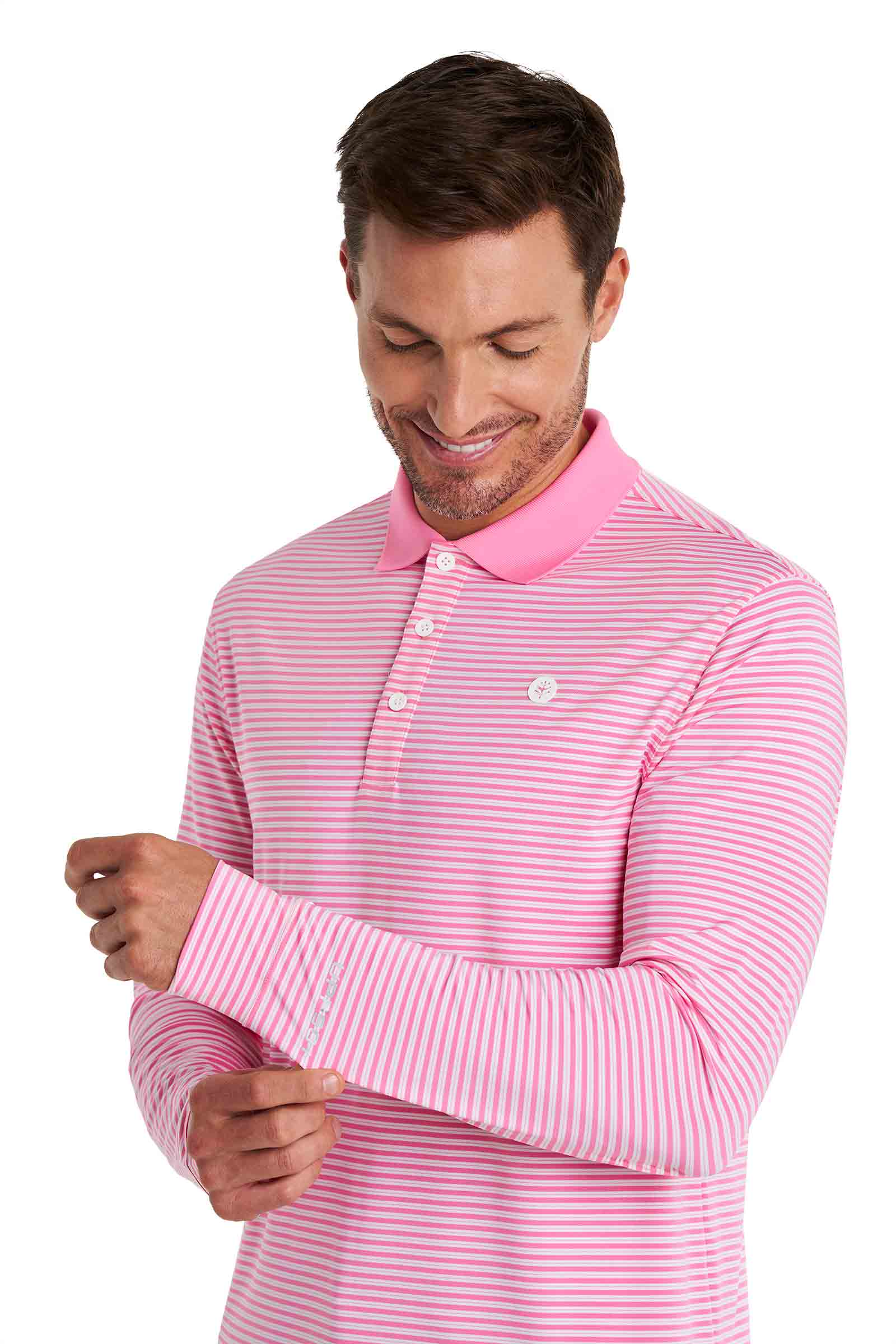 Men's Erodym Long Sleeve Sports Polo | Flamingo Pink/White Stripe - Image 7