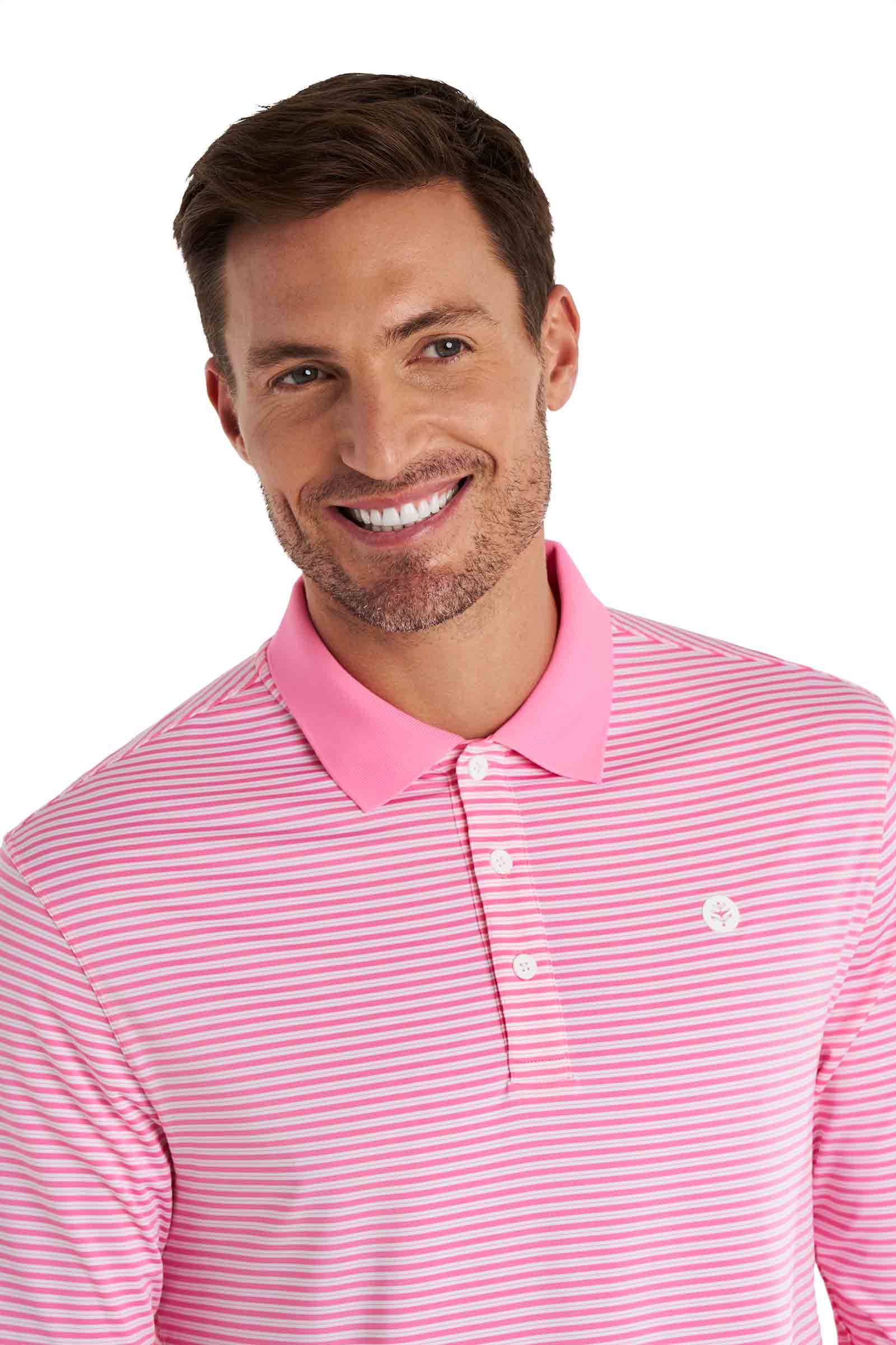 Men's Erodym Long Sleeve Sports Polo | Flamingo Pink/White Stripe - Image 8