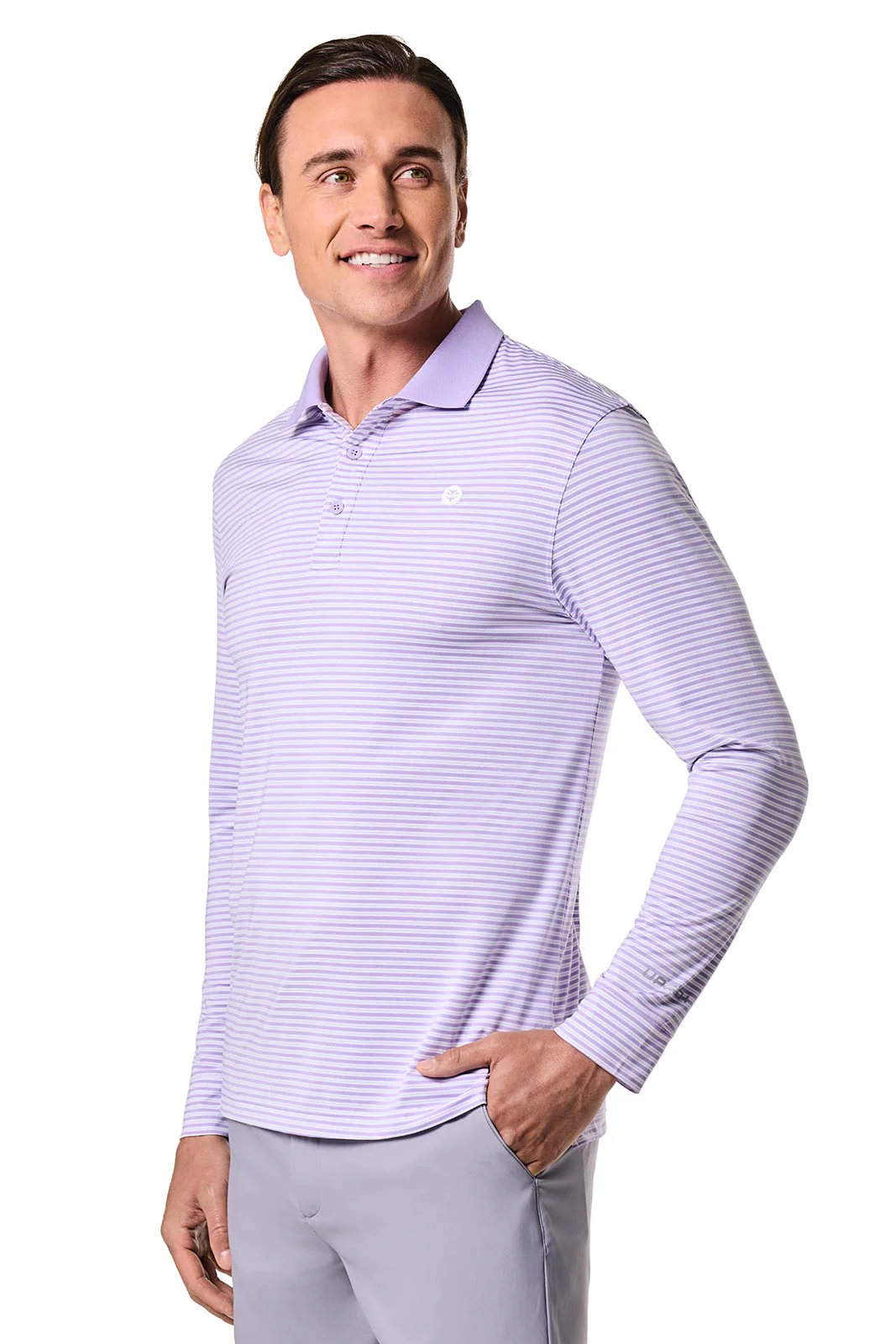 Men's Erodym Long Sleeve Sports Polo | Lavendula/White Stripe - Image 3