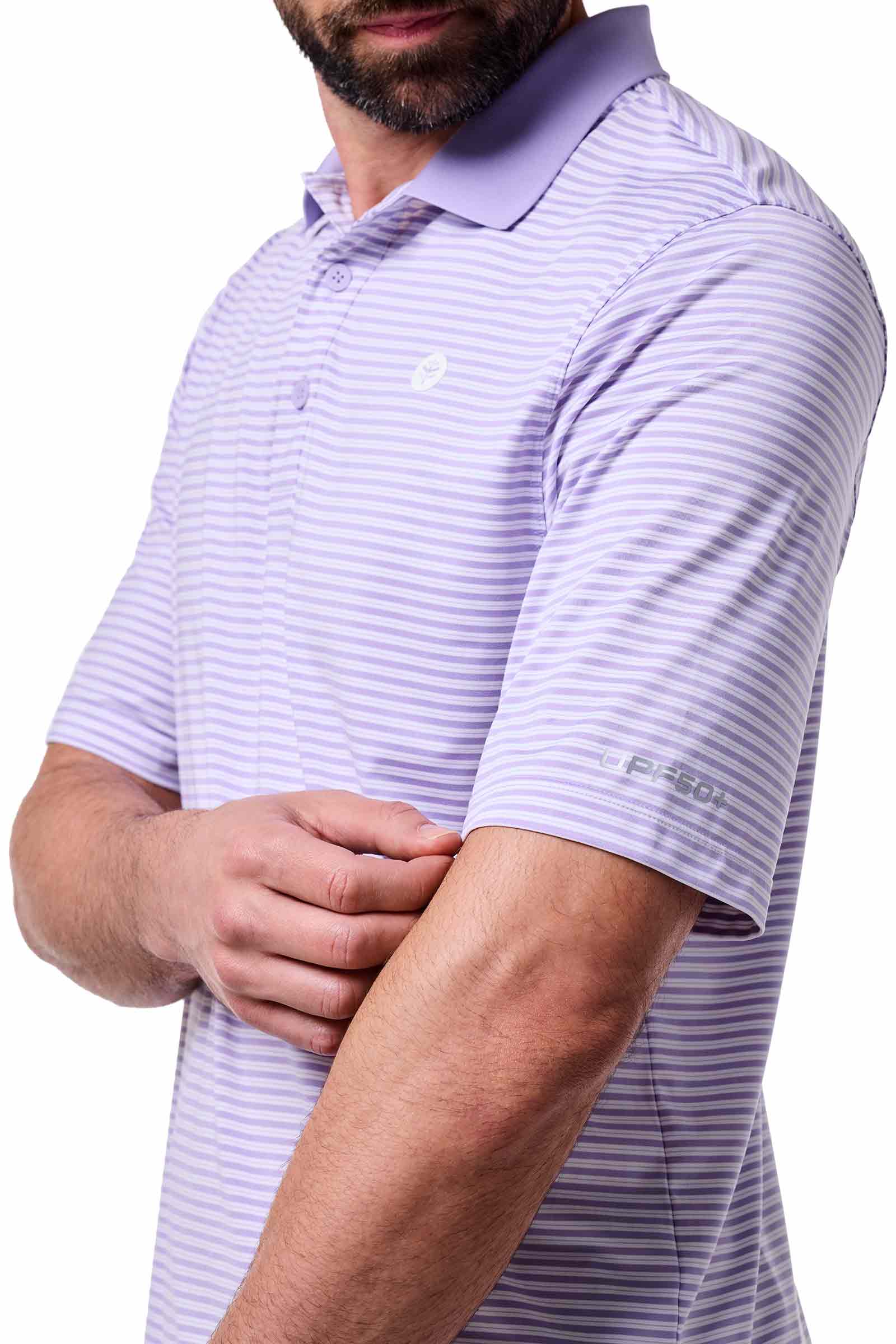 Men's Erodym Short Sleeve Sports Polo | Lavendula/White Stripe - Image 6