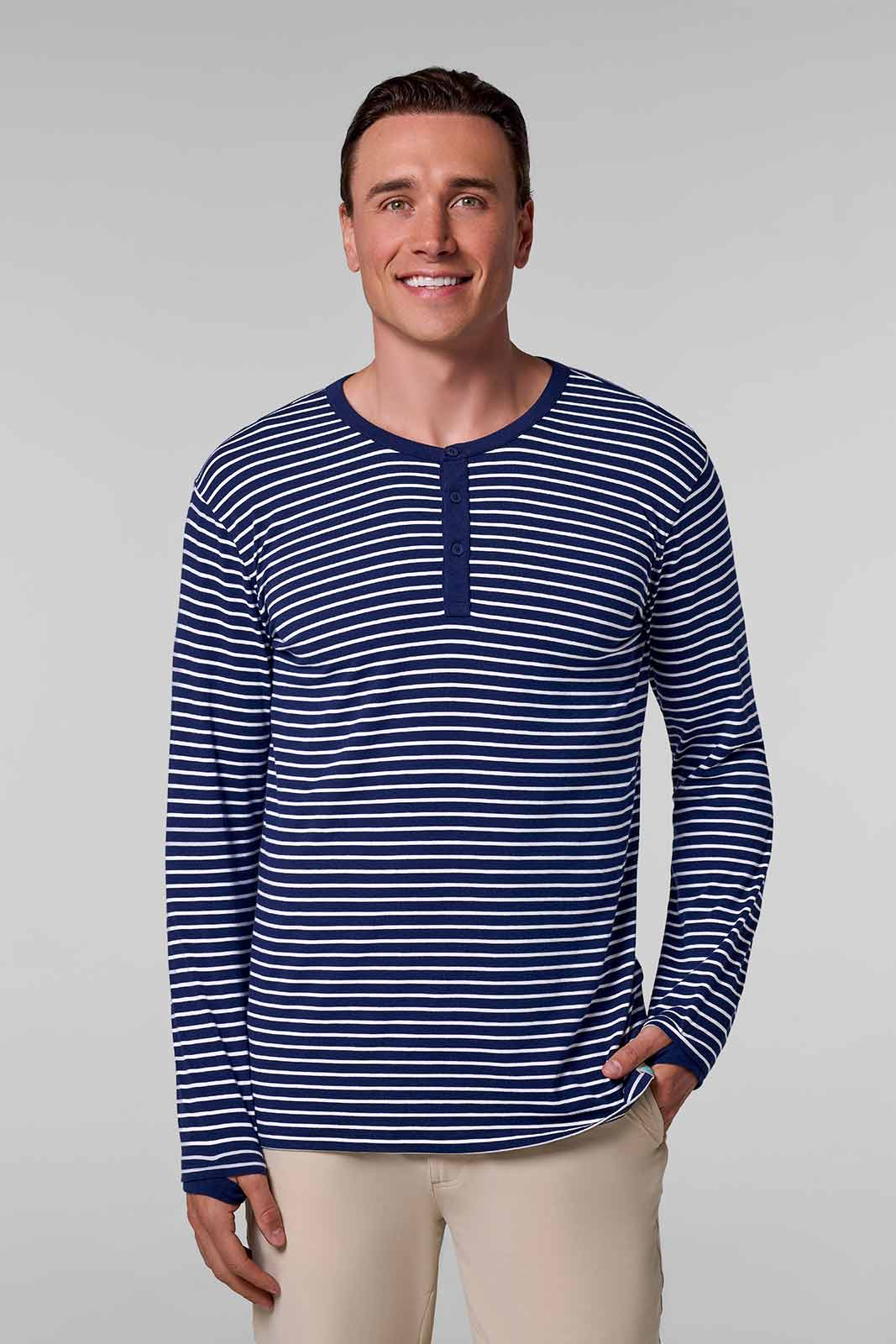 Men's Hallandale Long Sleeve Henley T-Shirt | Navy/White Stripe