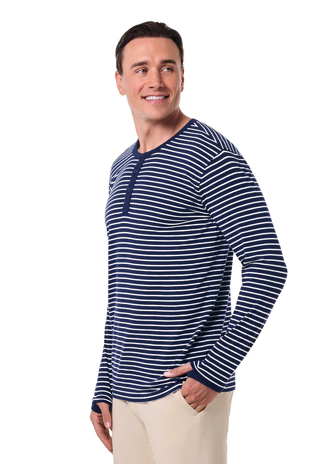 Men's Hallandale Long Sleeve Henley T-Shirt | Navy/White Stripe - Image 3