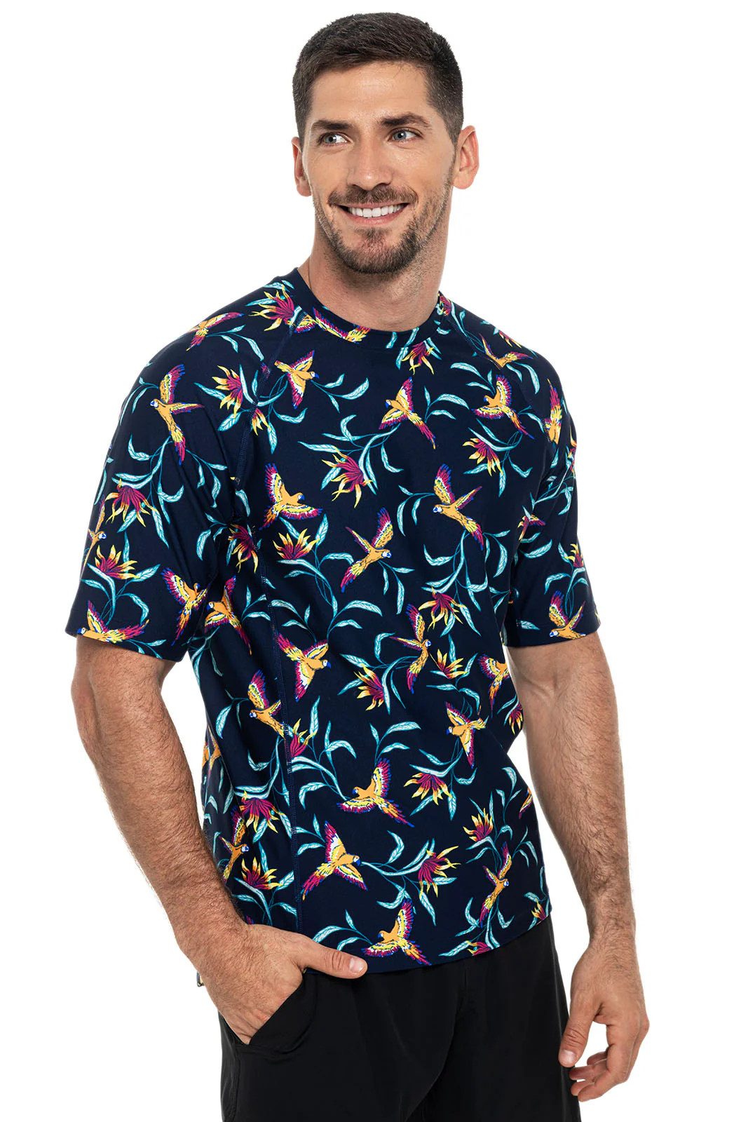 Men's Hightide Short Sleeve Swim Shirt | Navy Birds of Paradise - Image 7
