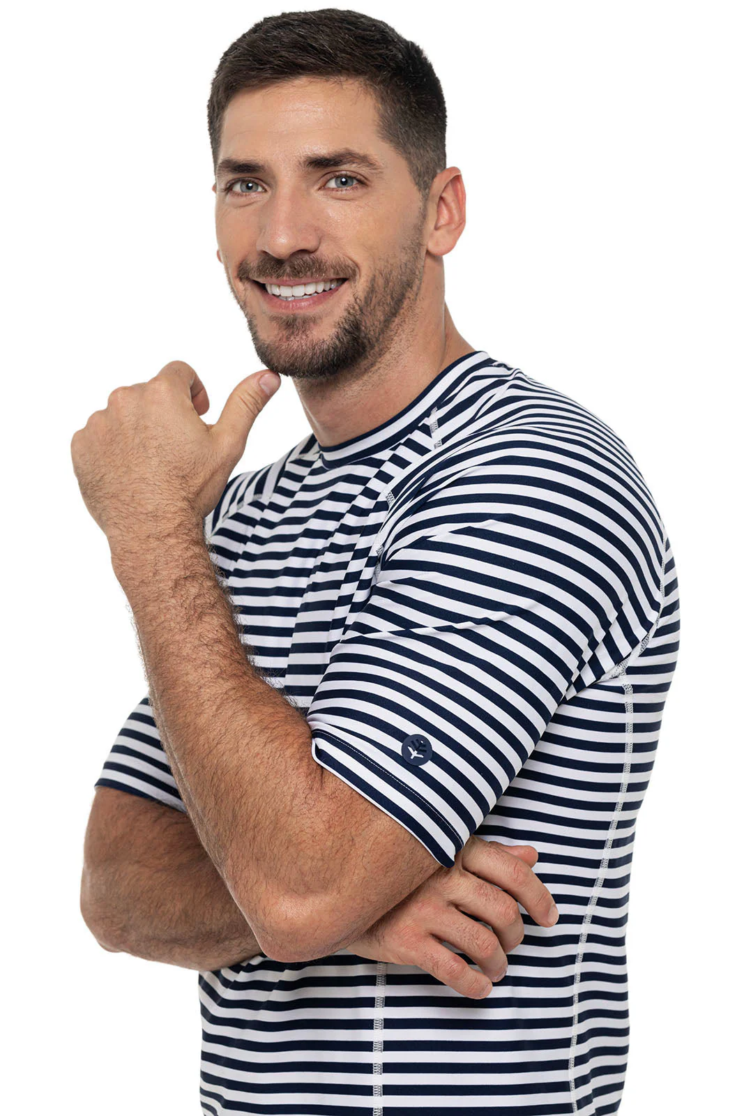 Men's Hightide Short Sleeve Swim Shirt | White/Navy Stripe - Image 7