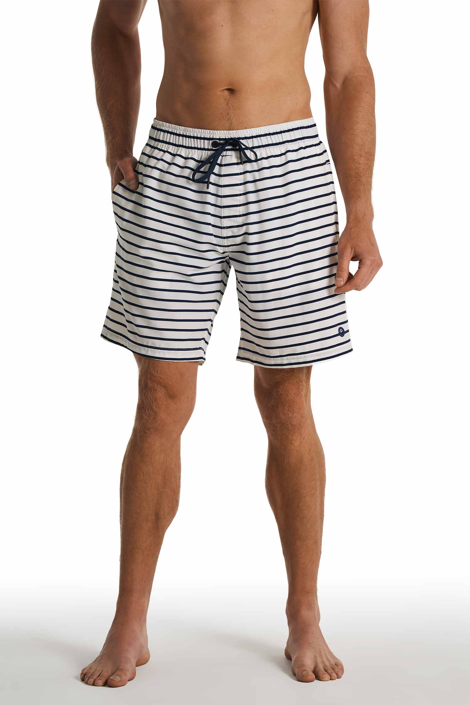 Men's Kahuna Swimming Shorts 7.5" | White/Navy Stripe - Image 3