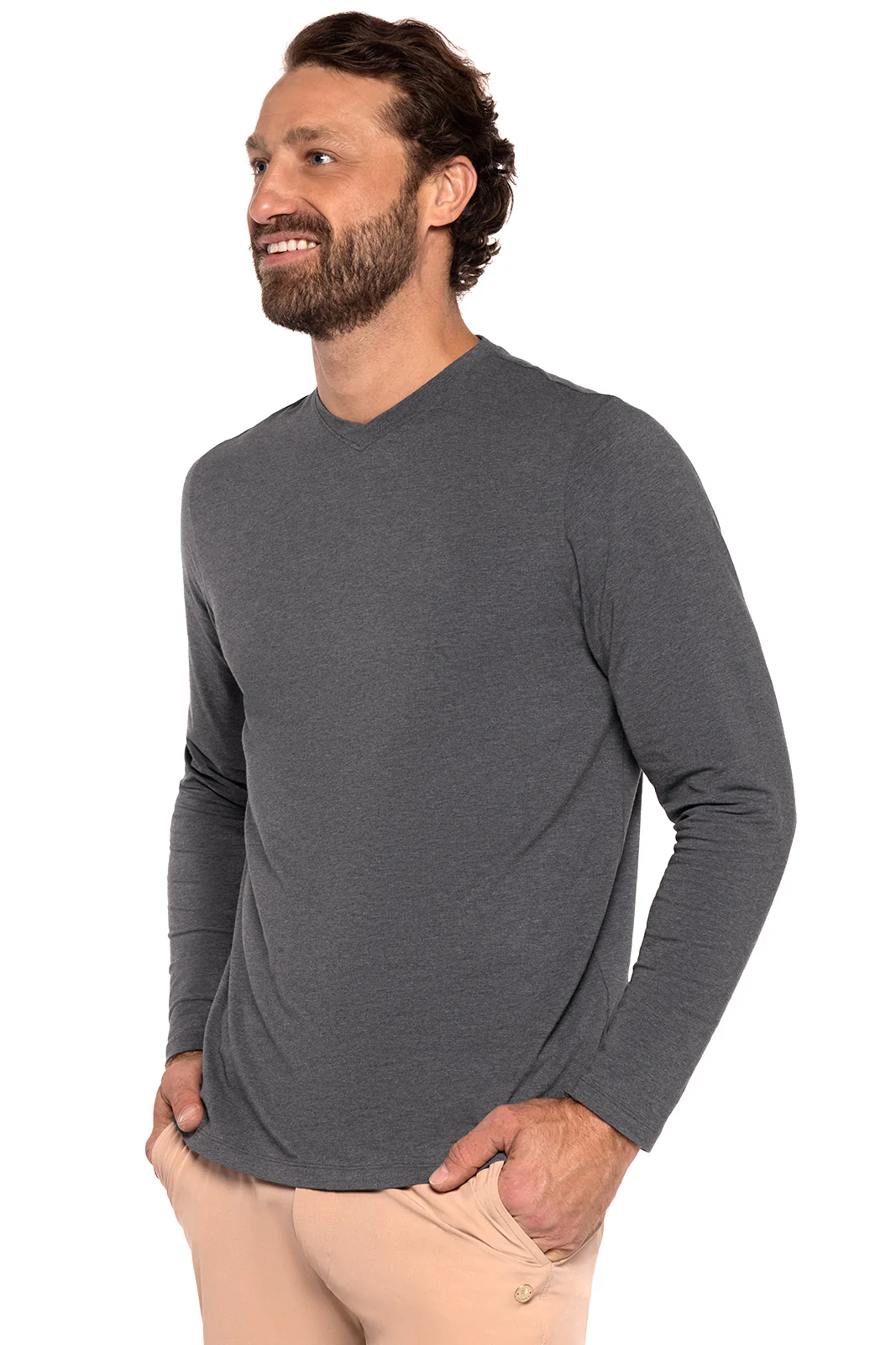 Men's Morada Everyday Long Sleeve V-Neck T-Shirt | Charcoal Heather - Image 4
