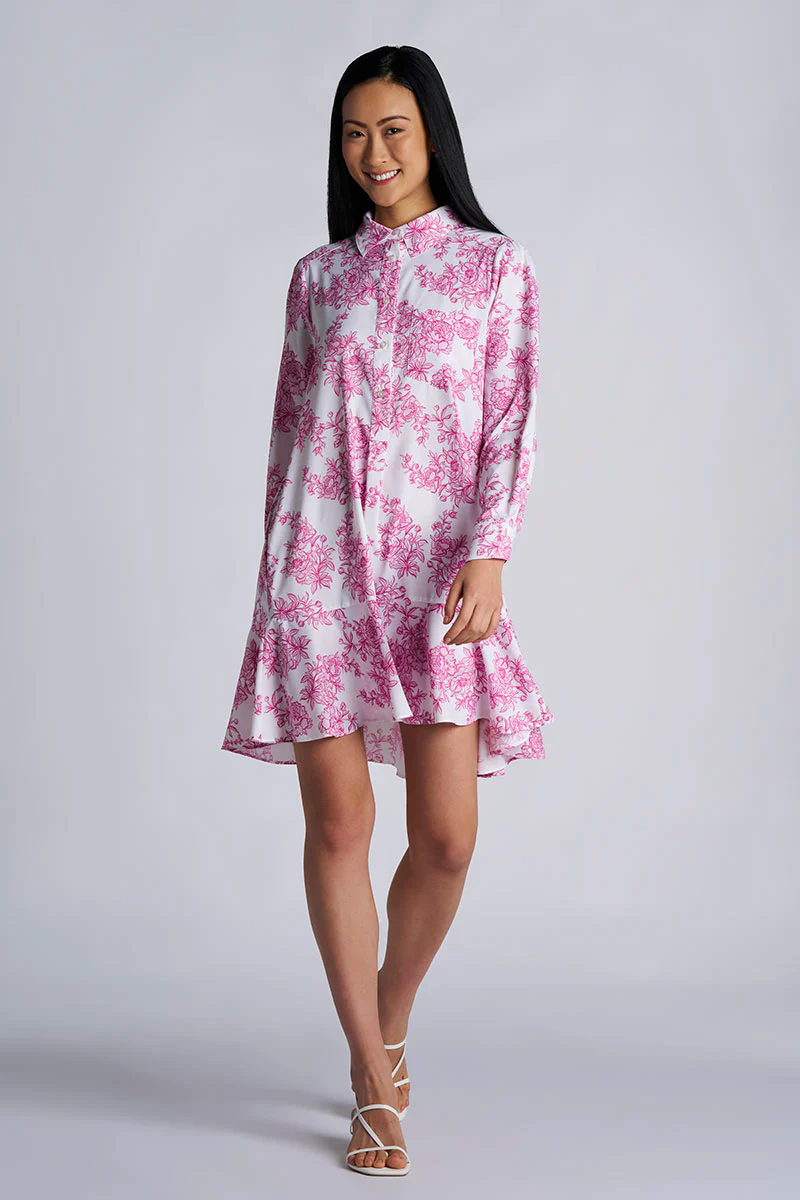 Women's Castaneda Flared Shirt Dress with Long Sleeves | Fuchsia Bouquet - Image 2