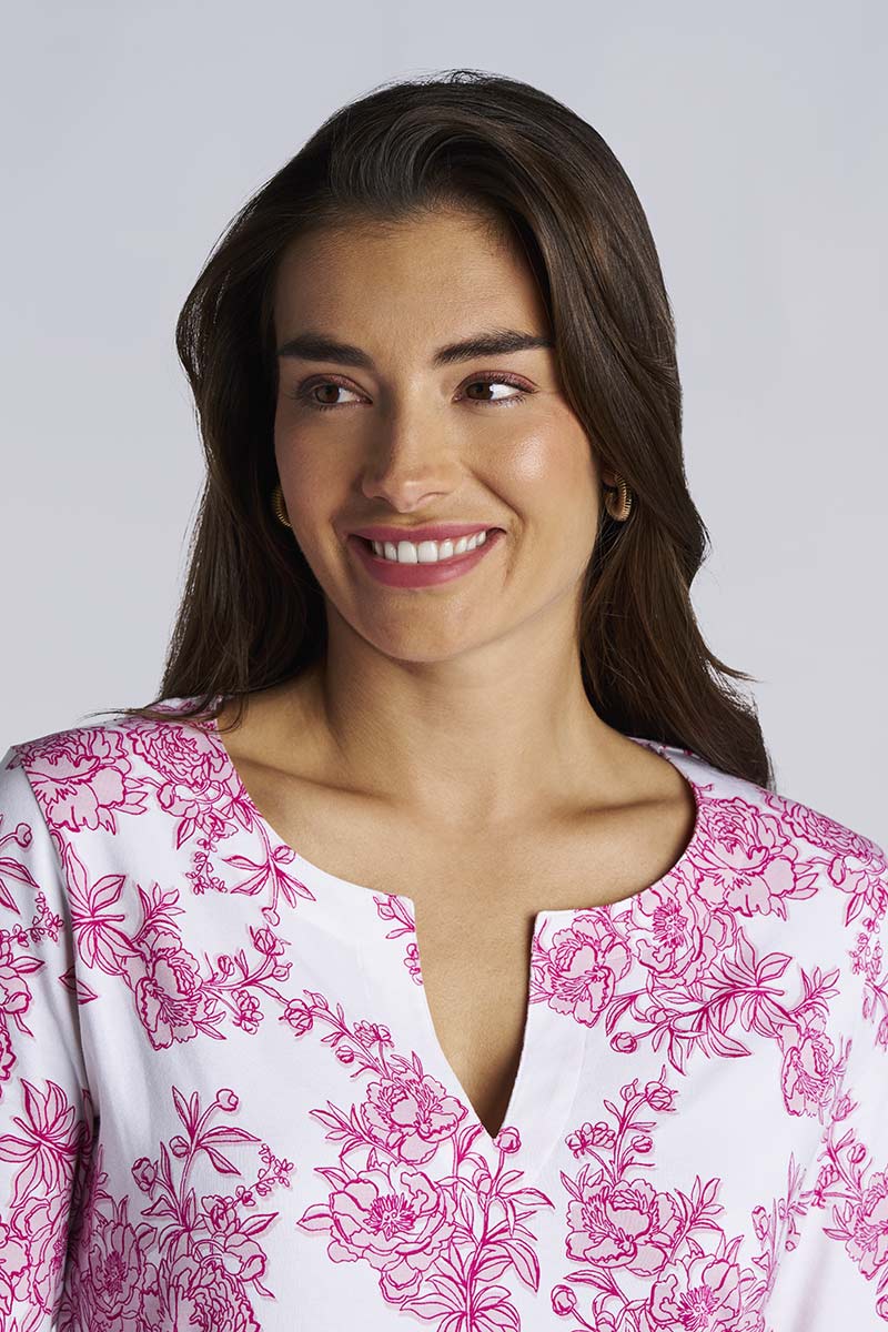 Women's Oceanside Tunic Dress with 3/4 Sleeve | Fuchsia Bouquet - Image 3