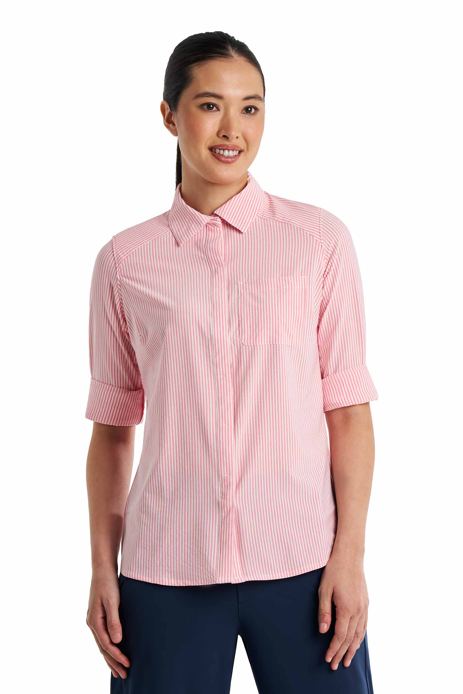 Women's Amara Smart Long Sleeve Shirt | White/Flamingo Pink Stripe - Image 3