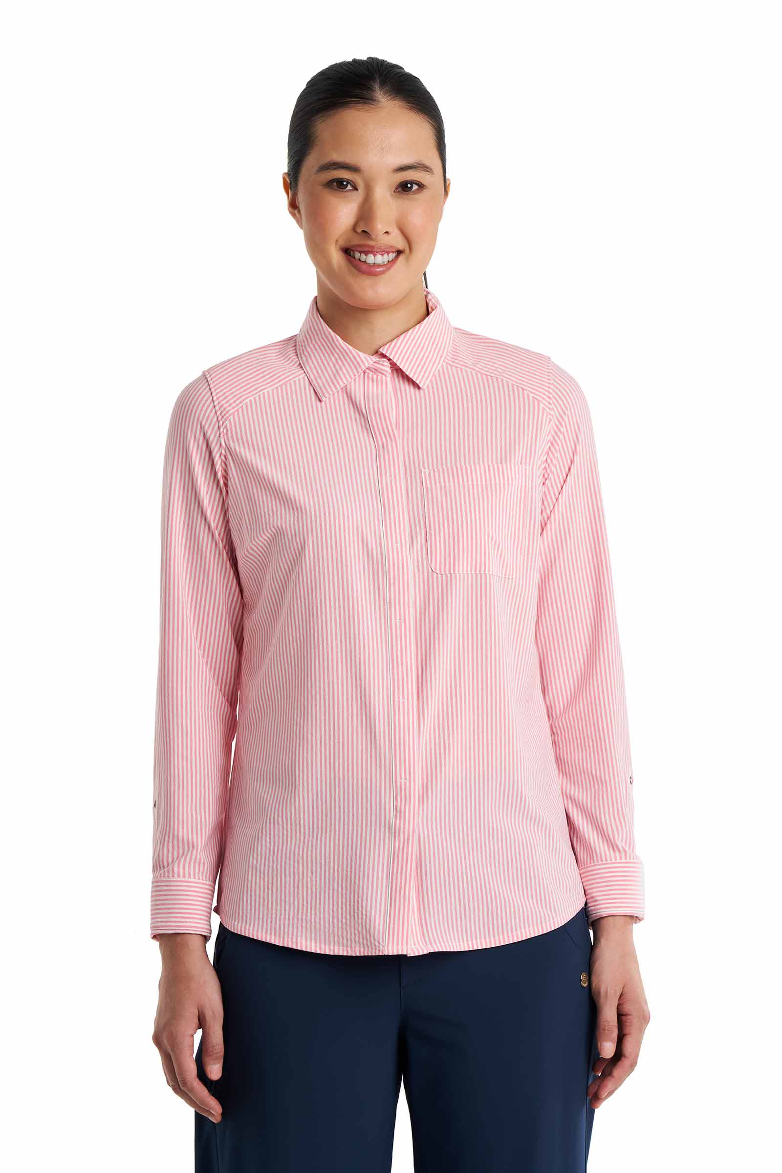 Women's Amara Smart Long Sleeve Shirt | White/Flamingo Pink Stripe - Image 4