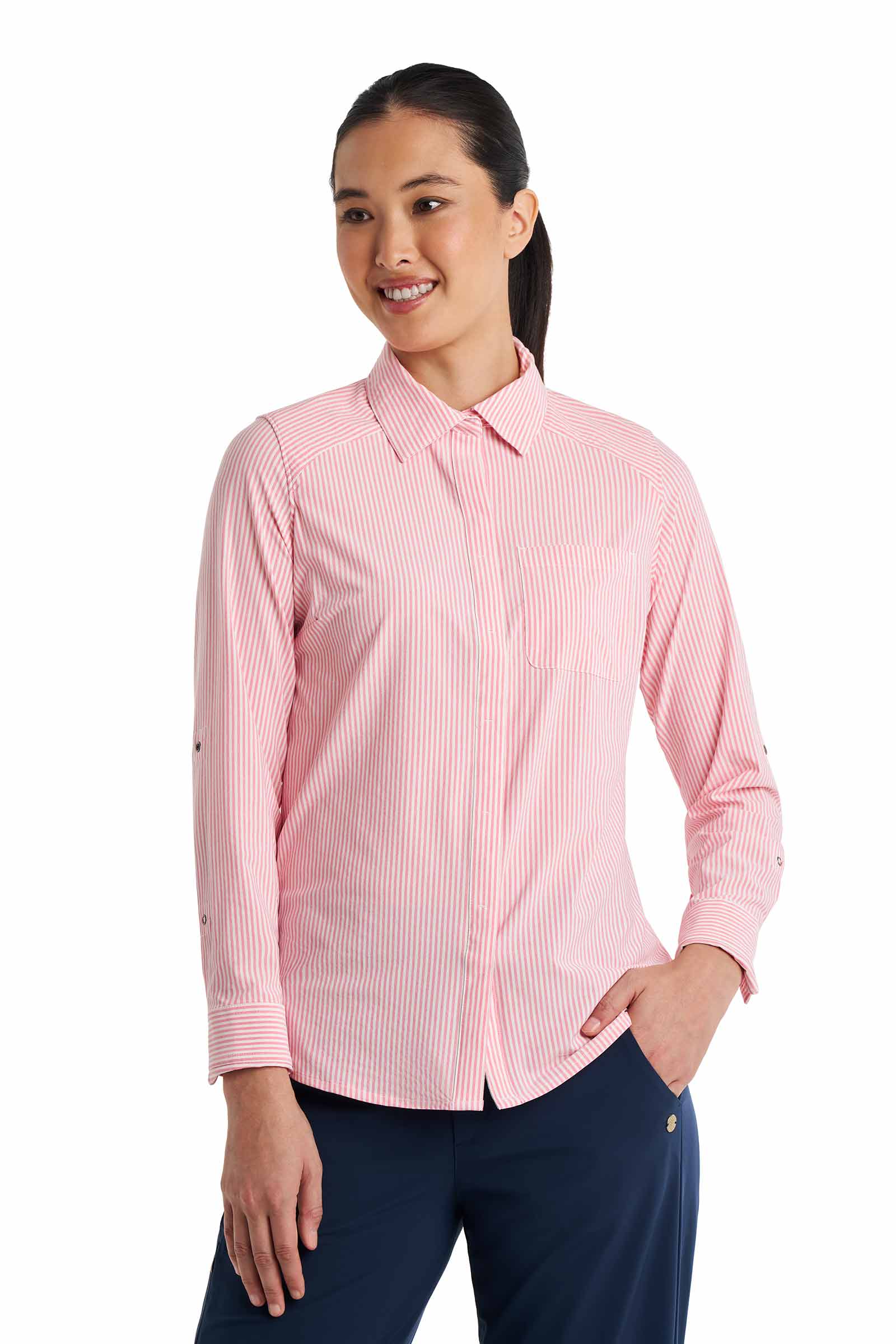 Women's Amara Smart Long Sleeve Shirt | White/Flamingo Pink Stripe - Image 5