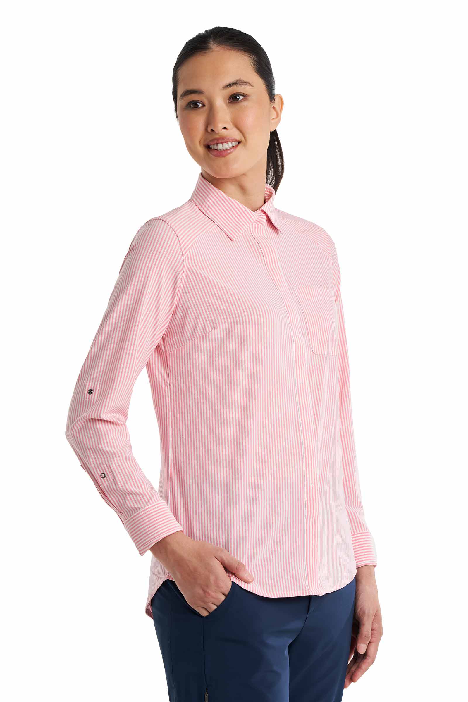 Women's Amara Smart Long Sleeve Shirt | White/Flamingo Pink Stripe - Image 6