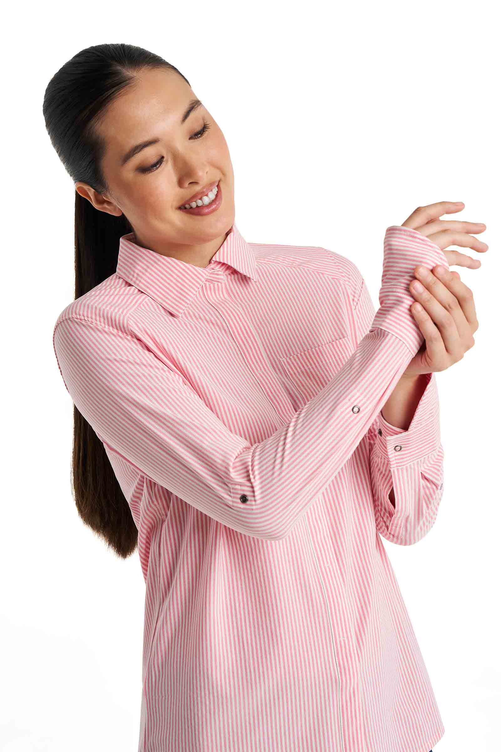 Women's Amara Smart Long Sleeve Shirt | White/Flamingo Pink Stripe - Image 9
