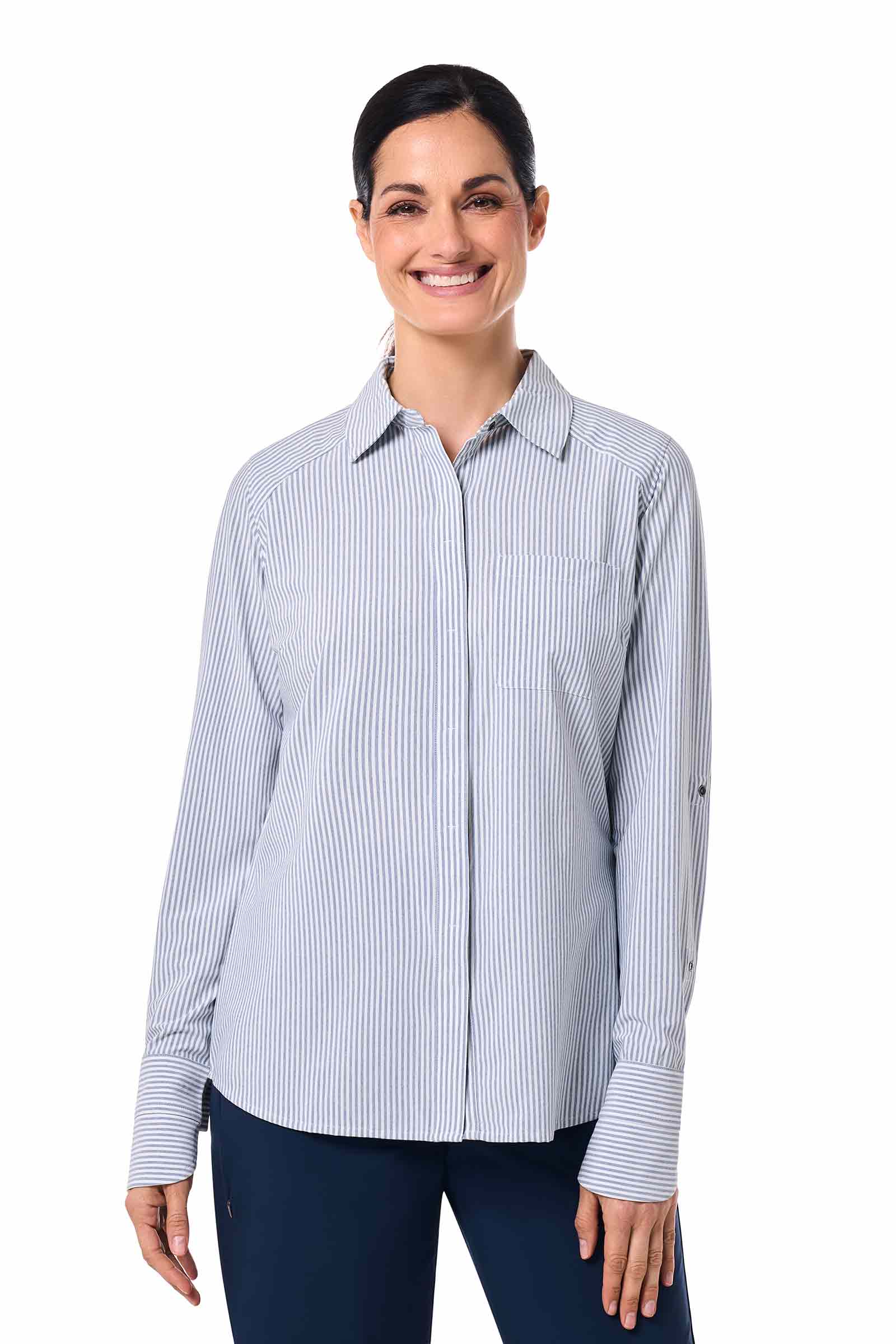 Women's Amara Smart Long Sleeve Shirt | White/Navy Stripe - Image 2