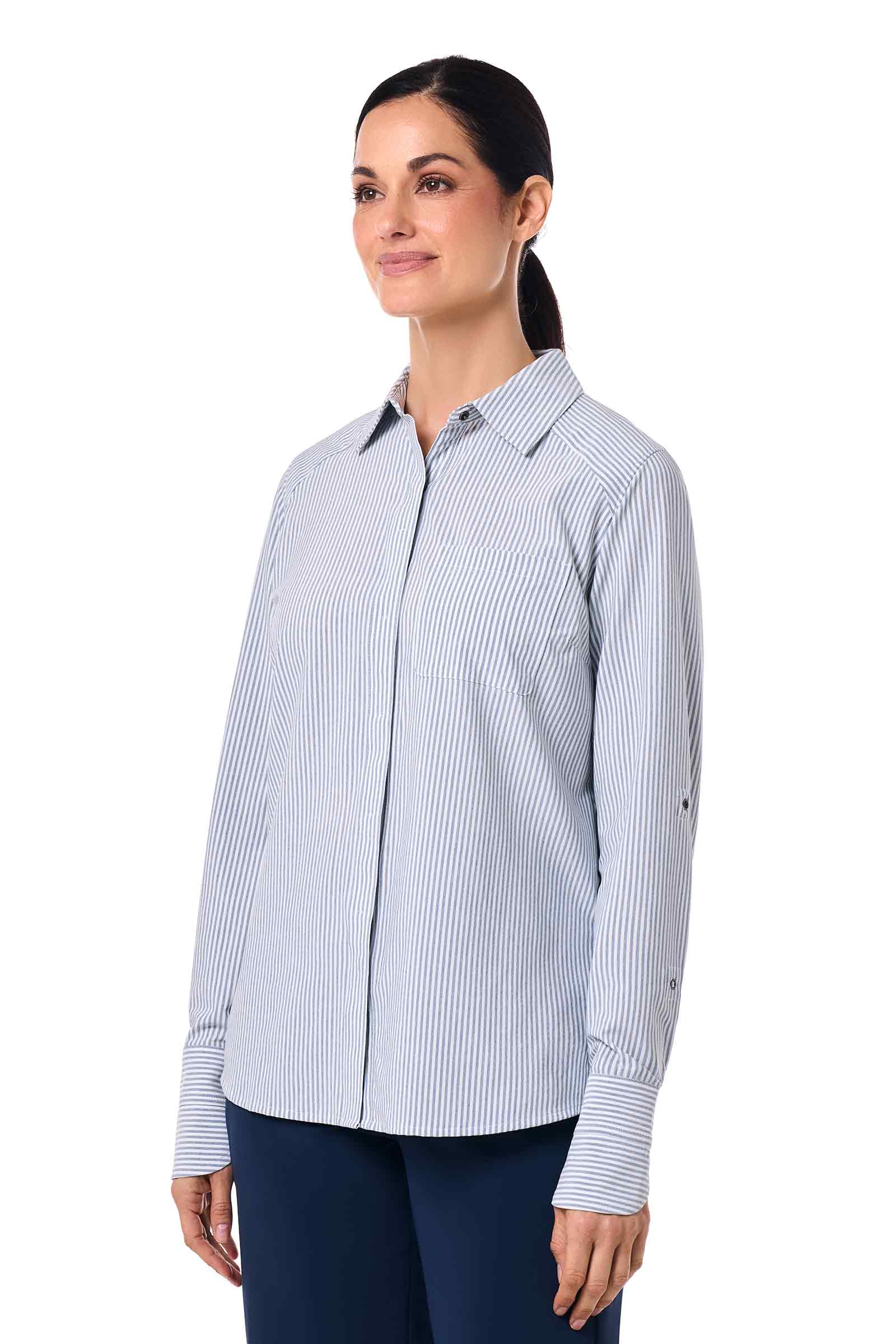 Women's Amara Smart Long Sleeve Shirt | White/Navy Stripe - Image 3
