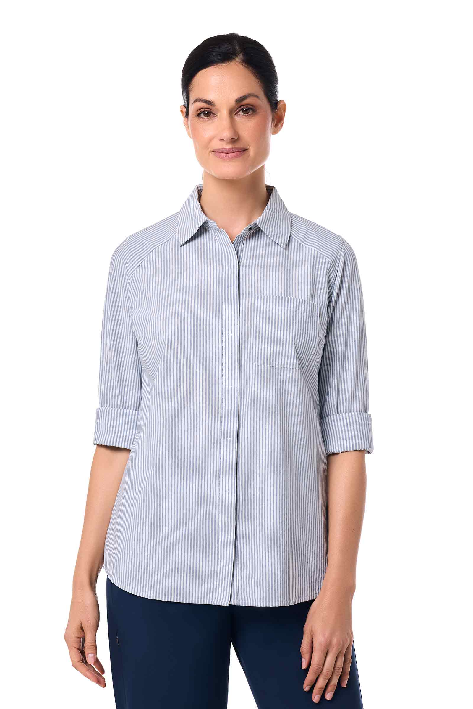 Women's Amara Smart Long Sleeve Shirt | White/Navy Stripe - Image 9
