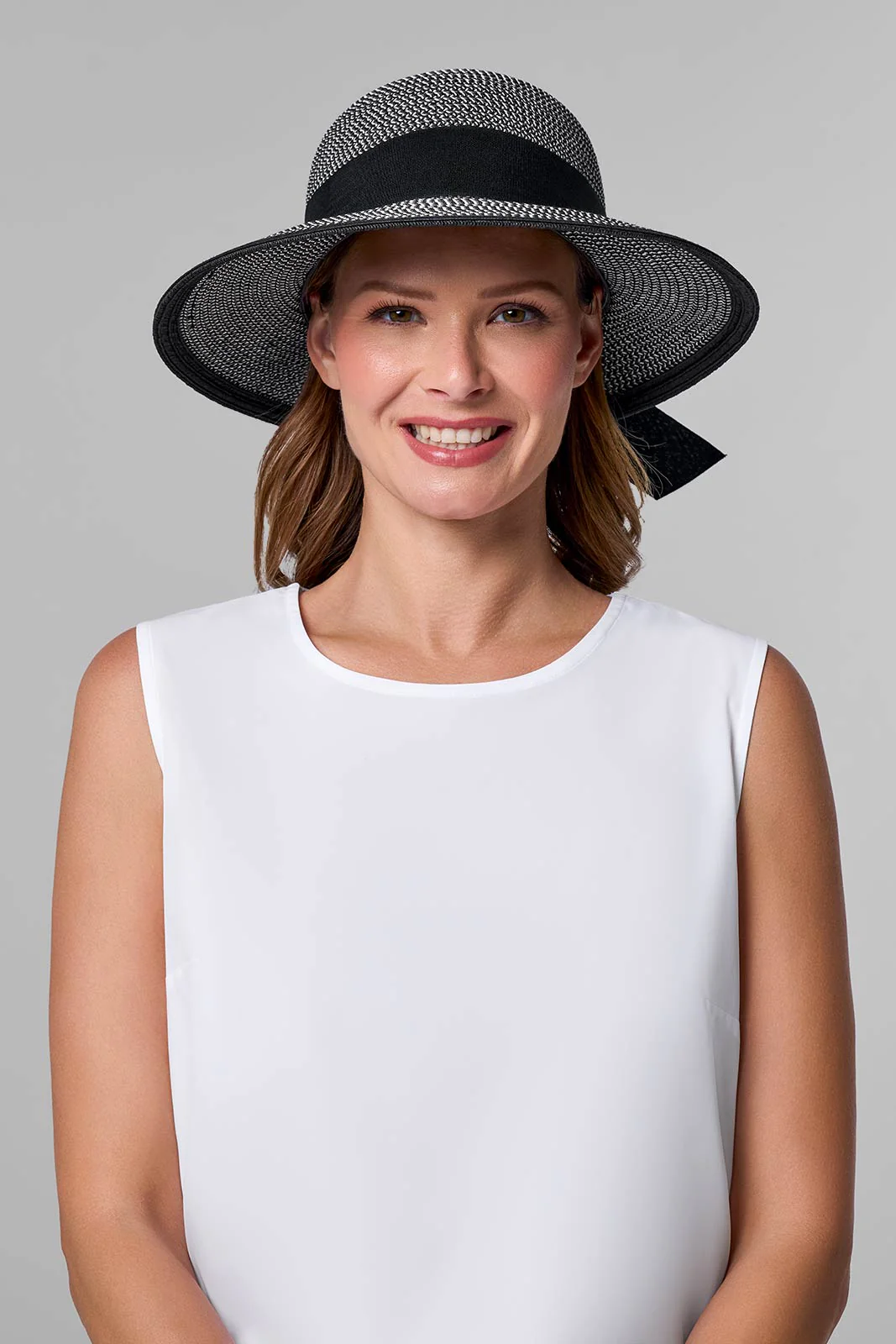 Clara Wide Brim Hat with Ribbon | Black/Ivory Colorblock - Image 2
