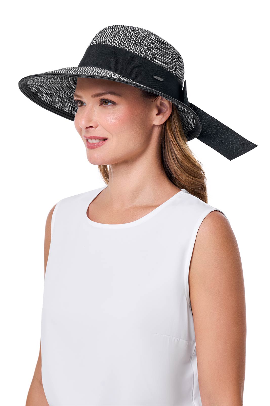 Clara Wide Brim Hat with Ribbon | Black/Ivory Colorblock - Image 3