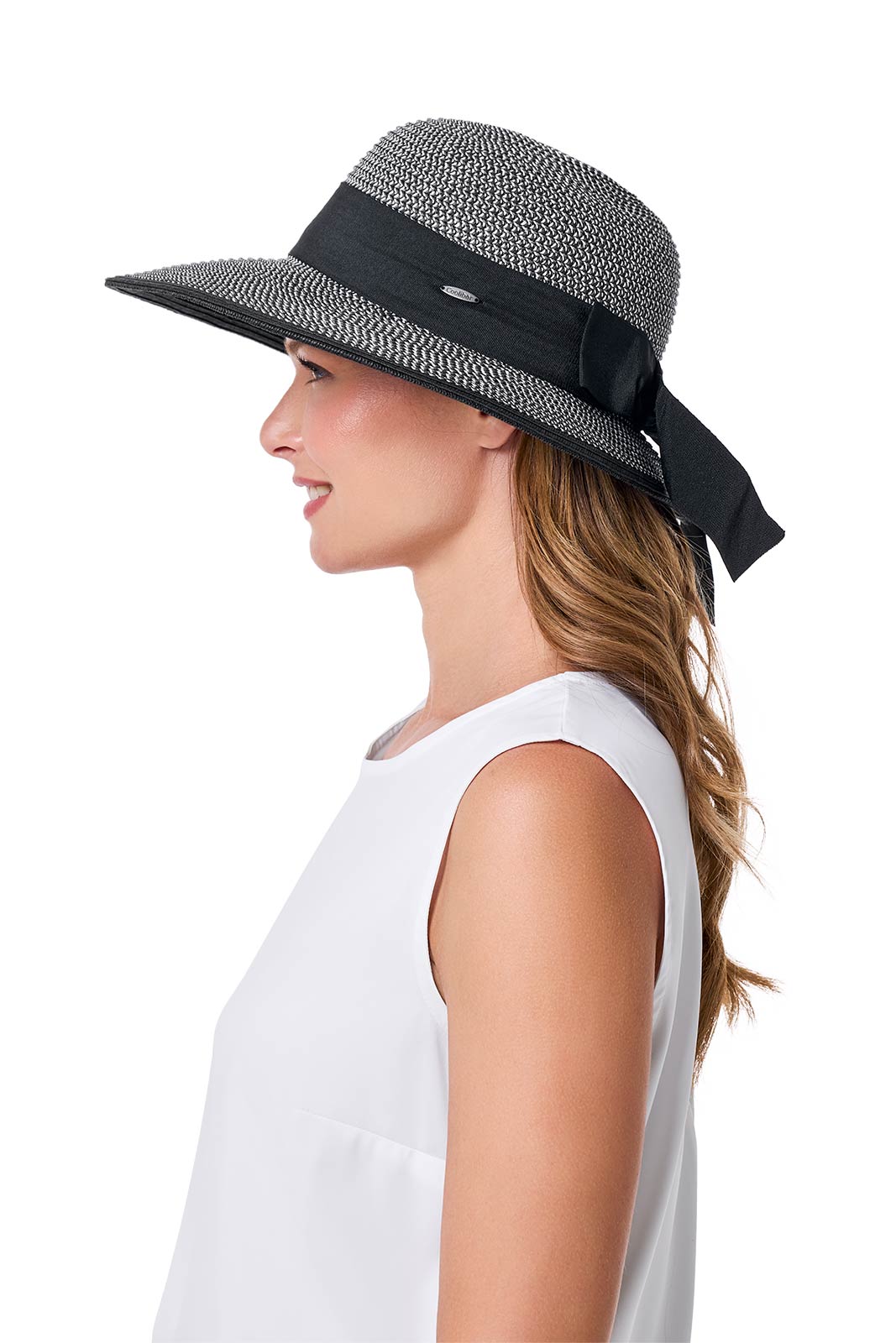 Clara Wide Brim Hat with Ribbon | Black/Ivory Colorblock - Image 4