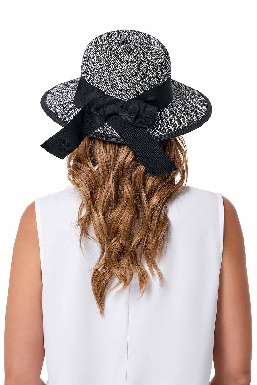 Clara Wide Brim Hat with Ribbon | Black/Ivory Colorblock - Image 5