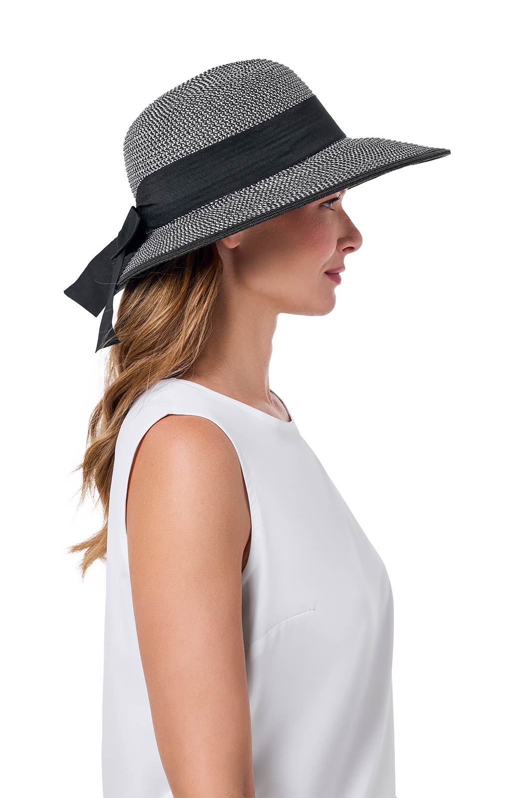 Clara Wide Brim Hat with Ribbon | Black/Ivory Colorblock - Image 6