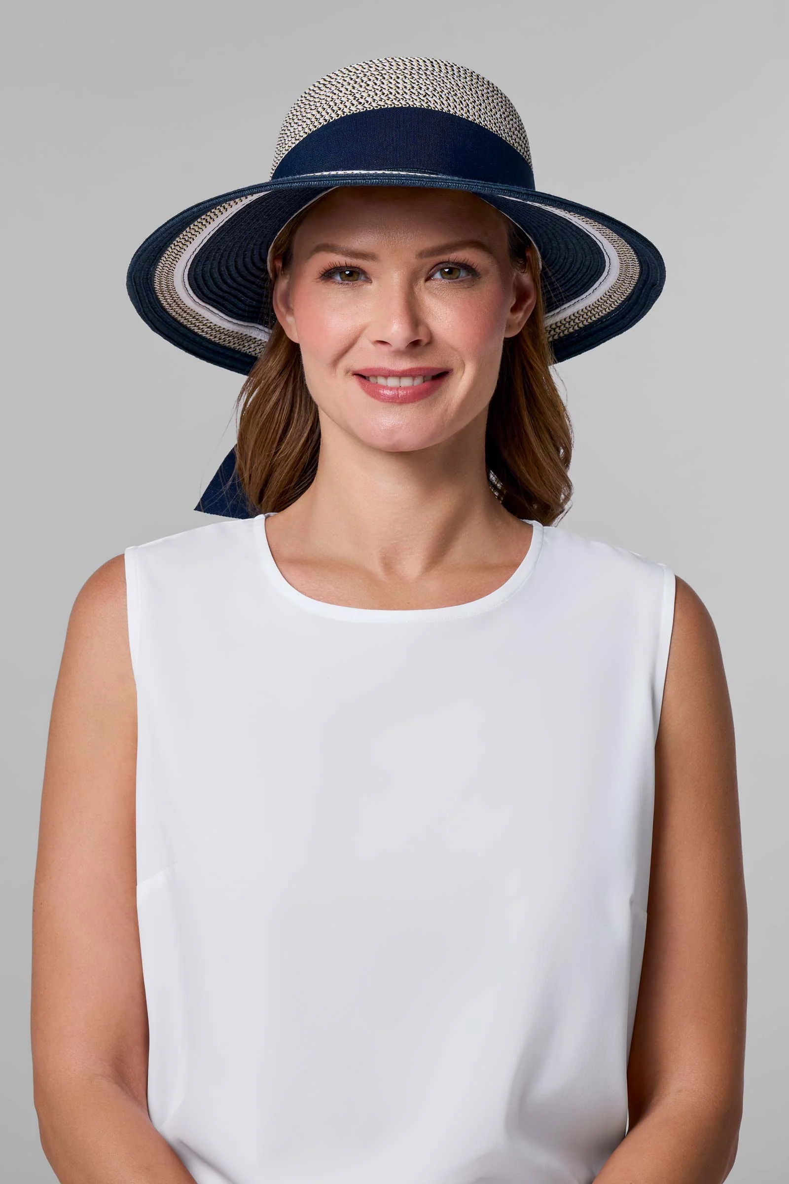 Clara Wide Brim Hat with Ribbon | Navy/White Colorblock - Image 2