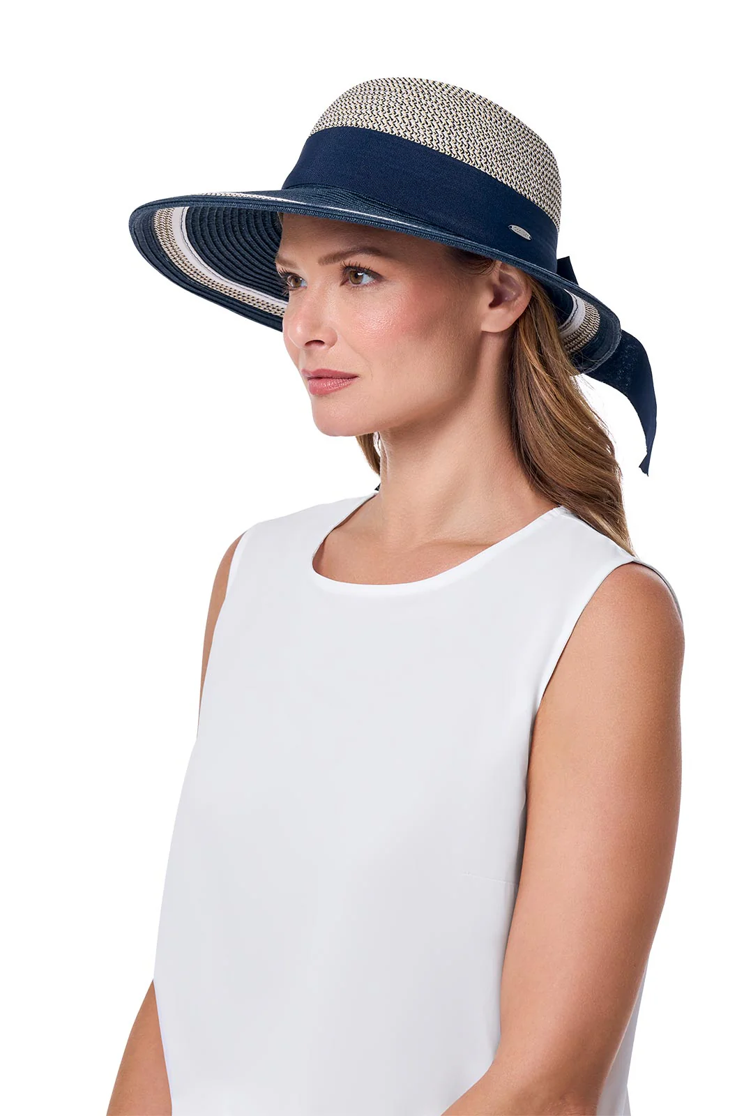 Clara Wide Brim Hat with Ribbon | Navy/White Colorblock - Image 3