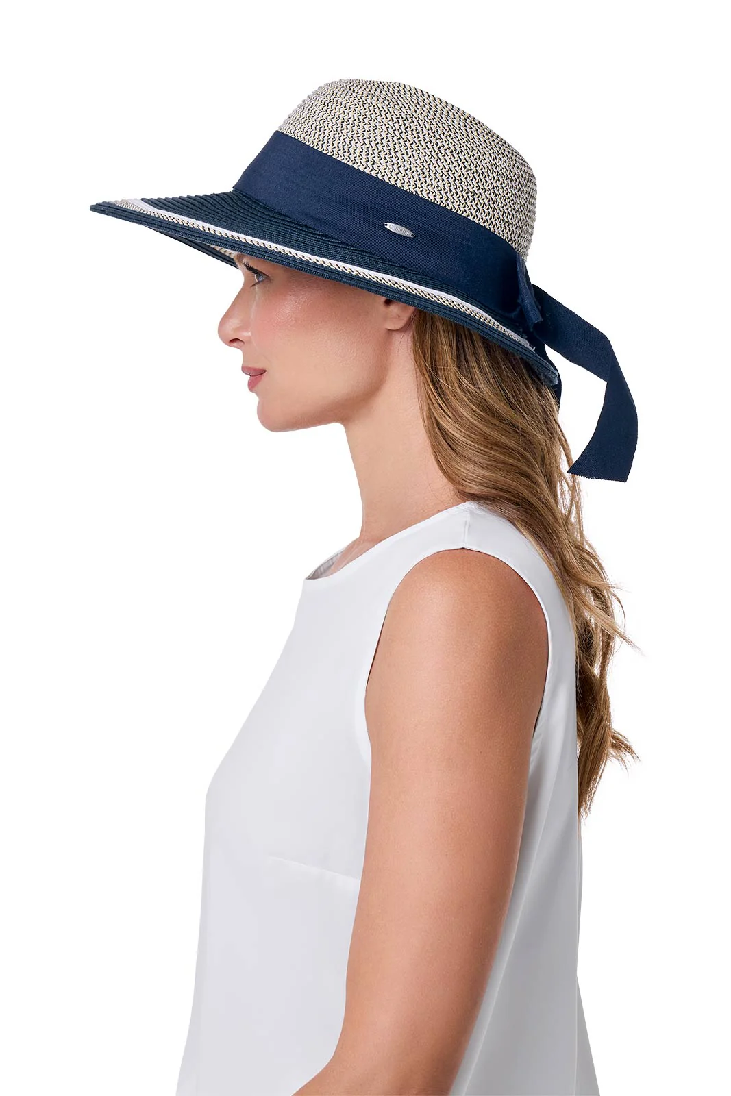 Clara Wide Brim Hat with Ribbon | Navy/White Colorblock - Image 4