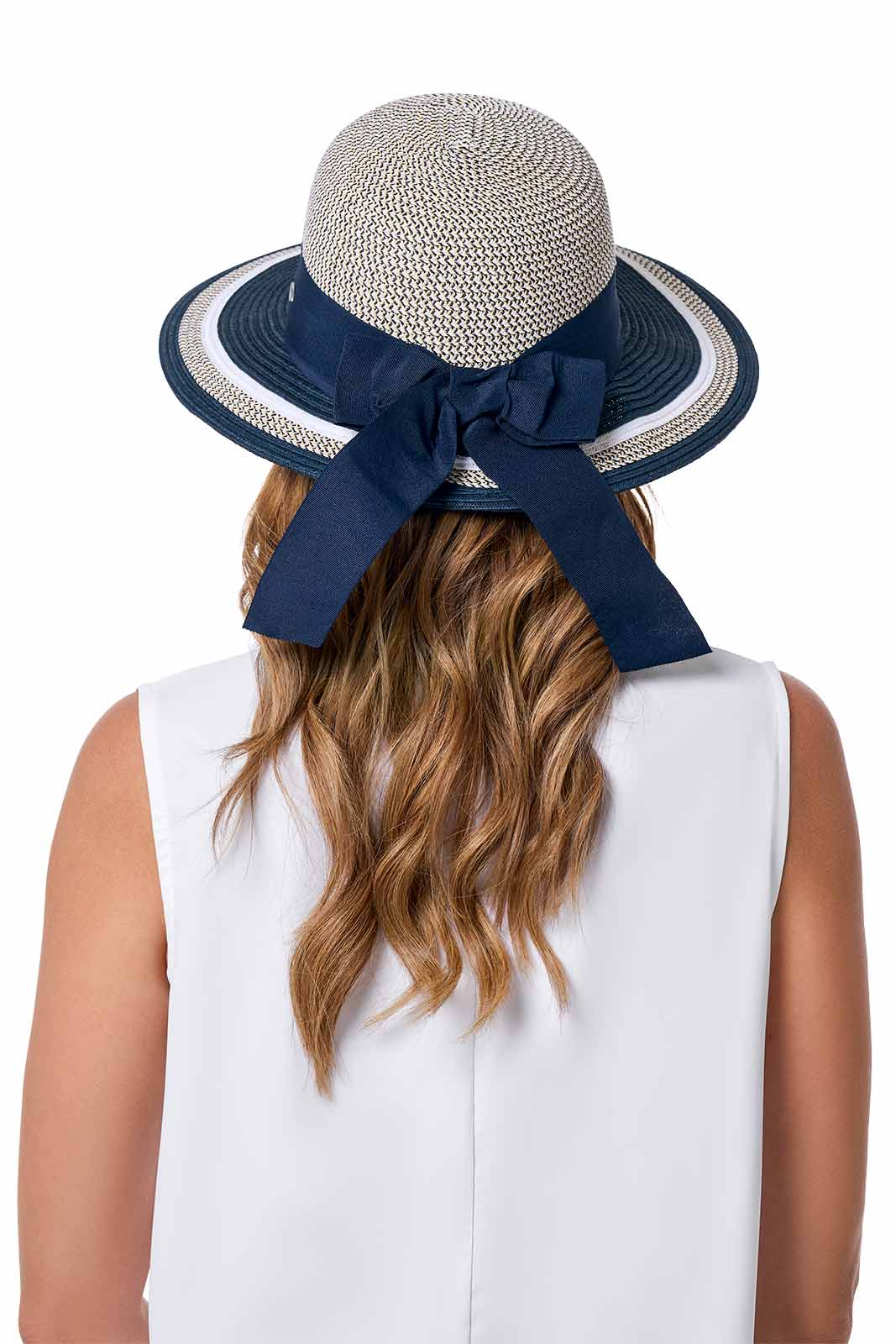 Clara Wide Brim Hat with Ribbon | Navy/White Colorblock - Image 5