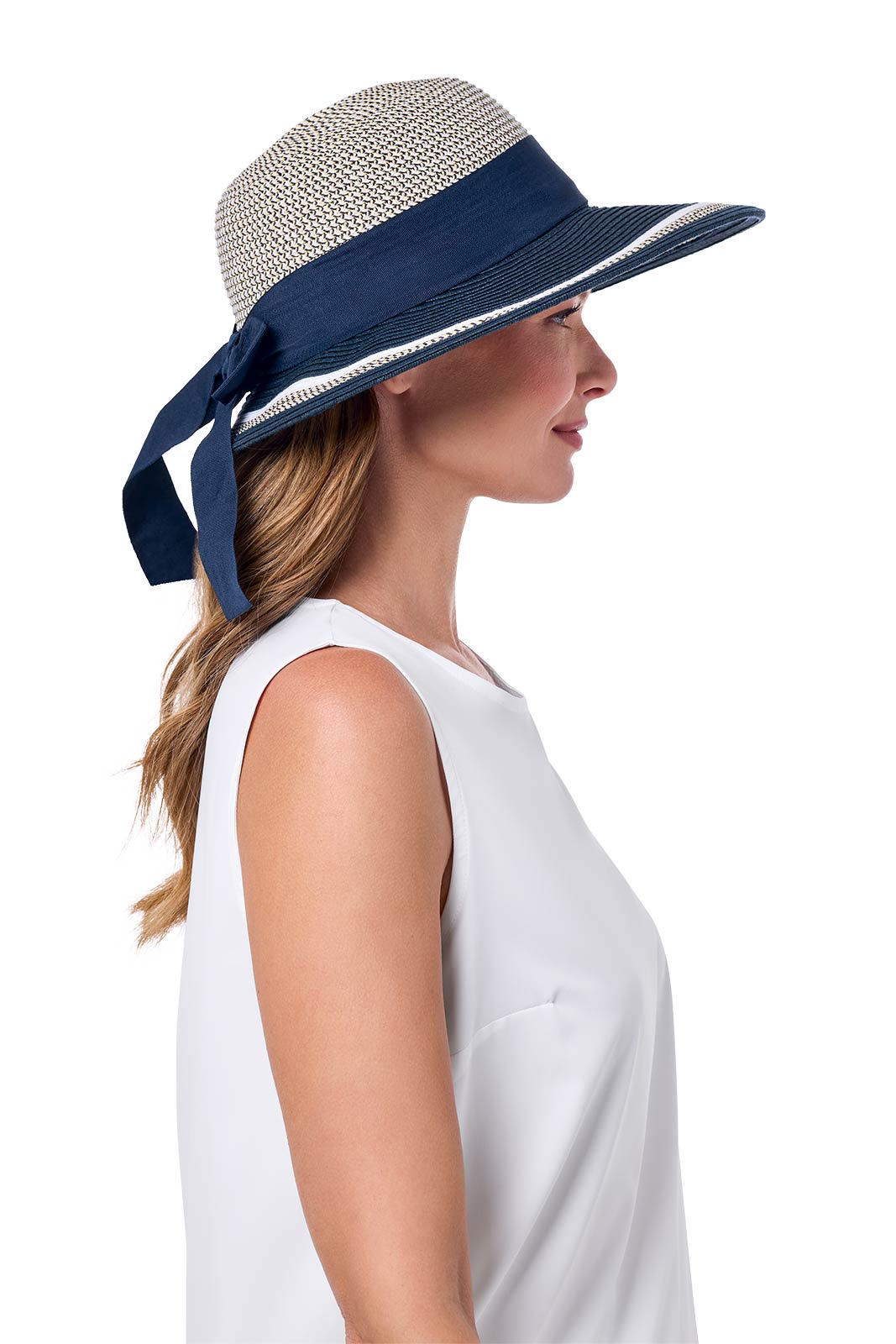 Clara Wide Brim Hat with Ribbon | Navy/White Colorblock - Image 6