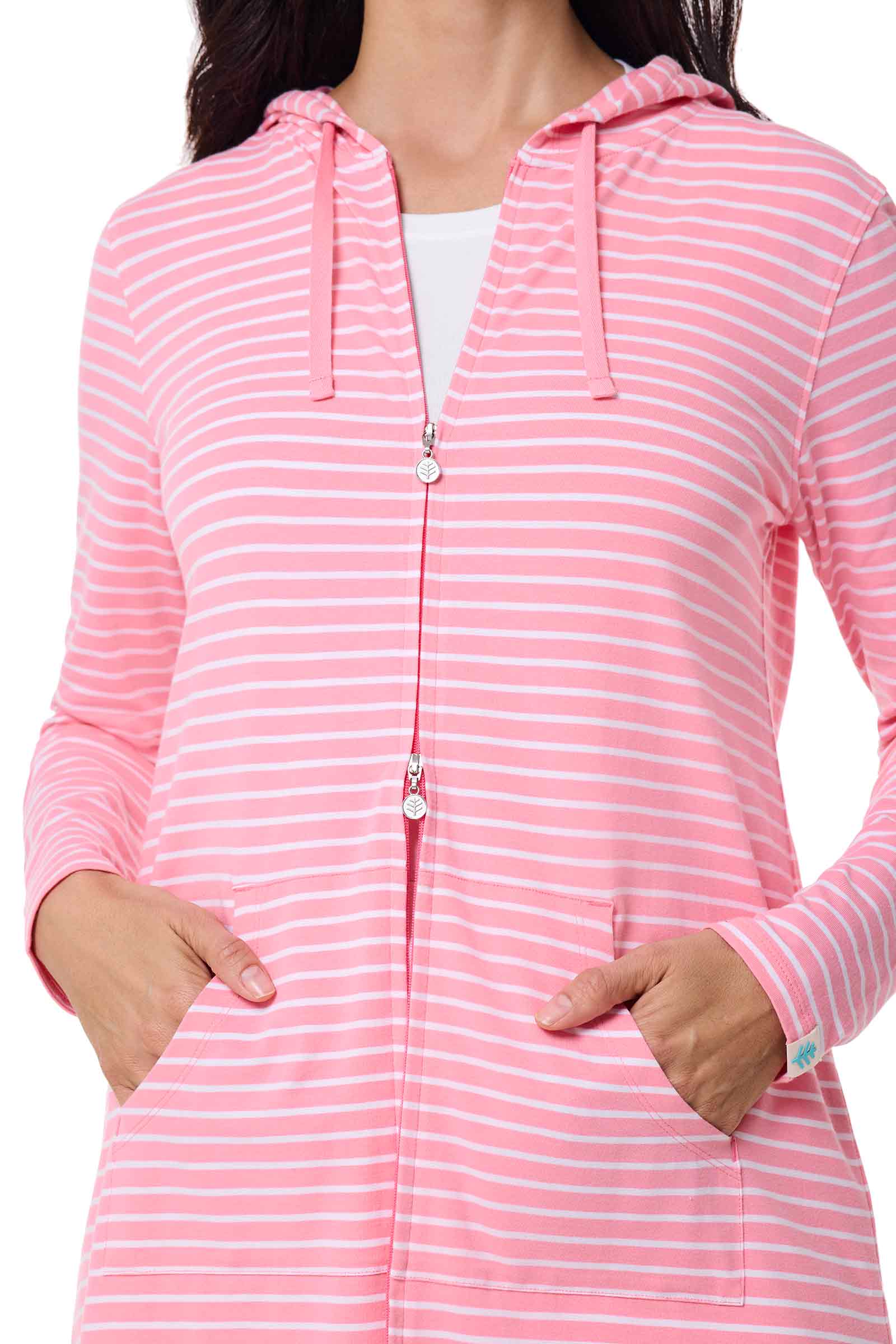 Women's Cabana Long Zip-Up Hoodie | Flamingo Pink/White Stripe - Image 6