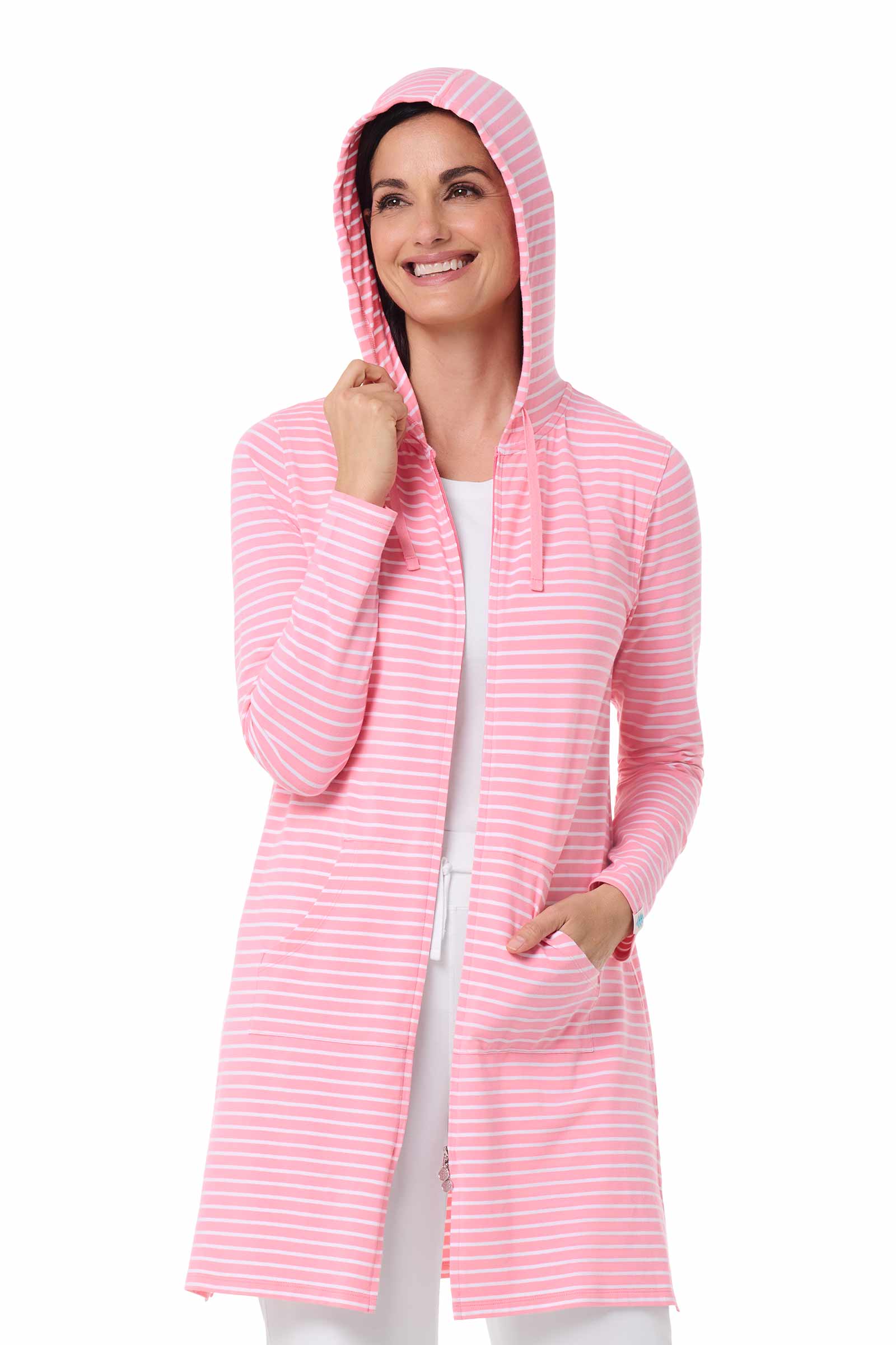 Women's Cabana Long Zip-Up Hoodie | Flamingo Pink/White Stripe - Image 8