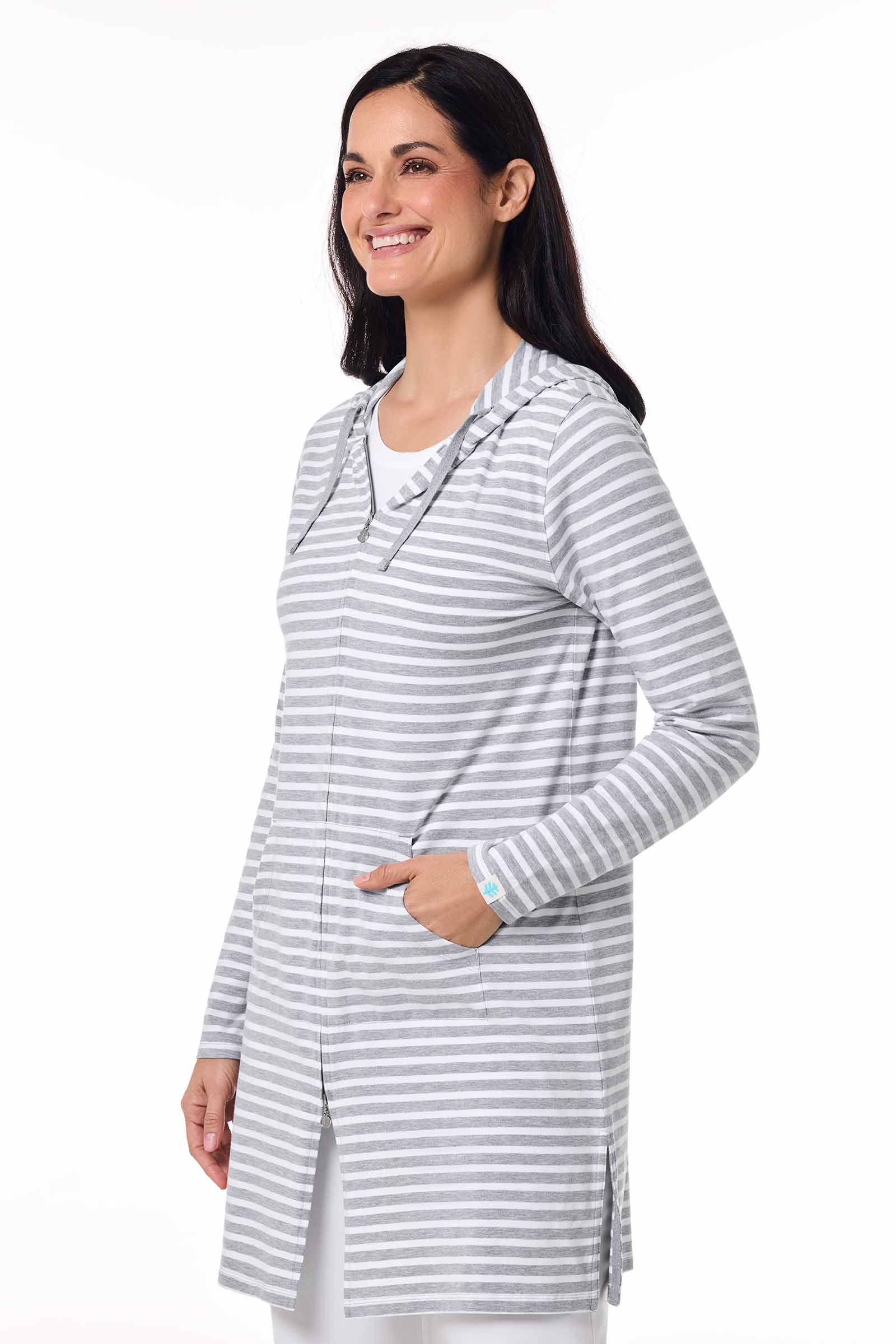 Women's Cabana Long Zip-Up Hoodie | Grey/White Stripe - Image 3