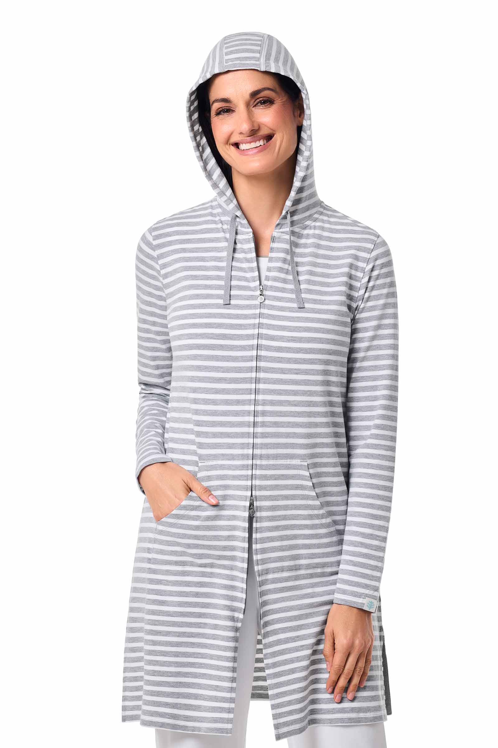 Women's Cabana Long Zip-Up Hoodie | Grey/White Stripe - Image 7