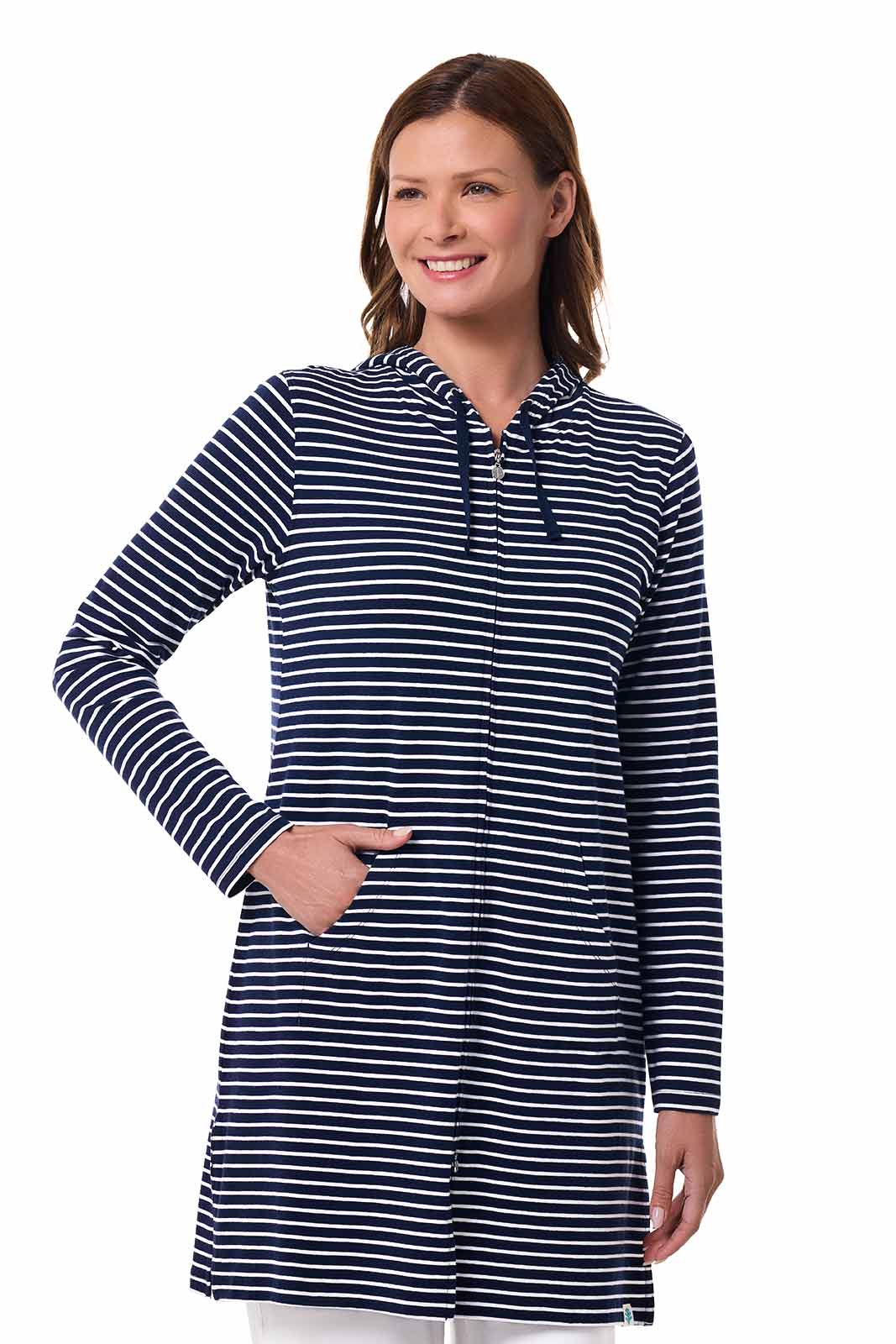 Women's Cabana Long Zip-Up Hoodie | Navy/White Stripe - Image 2