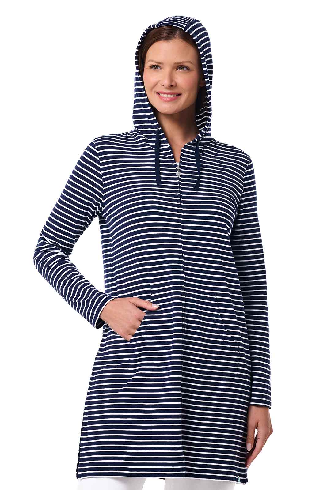 Women's Cabana Long Zip-Up Hoodie | Navy/White Stripe - Image 5